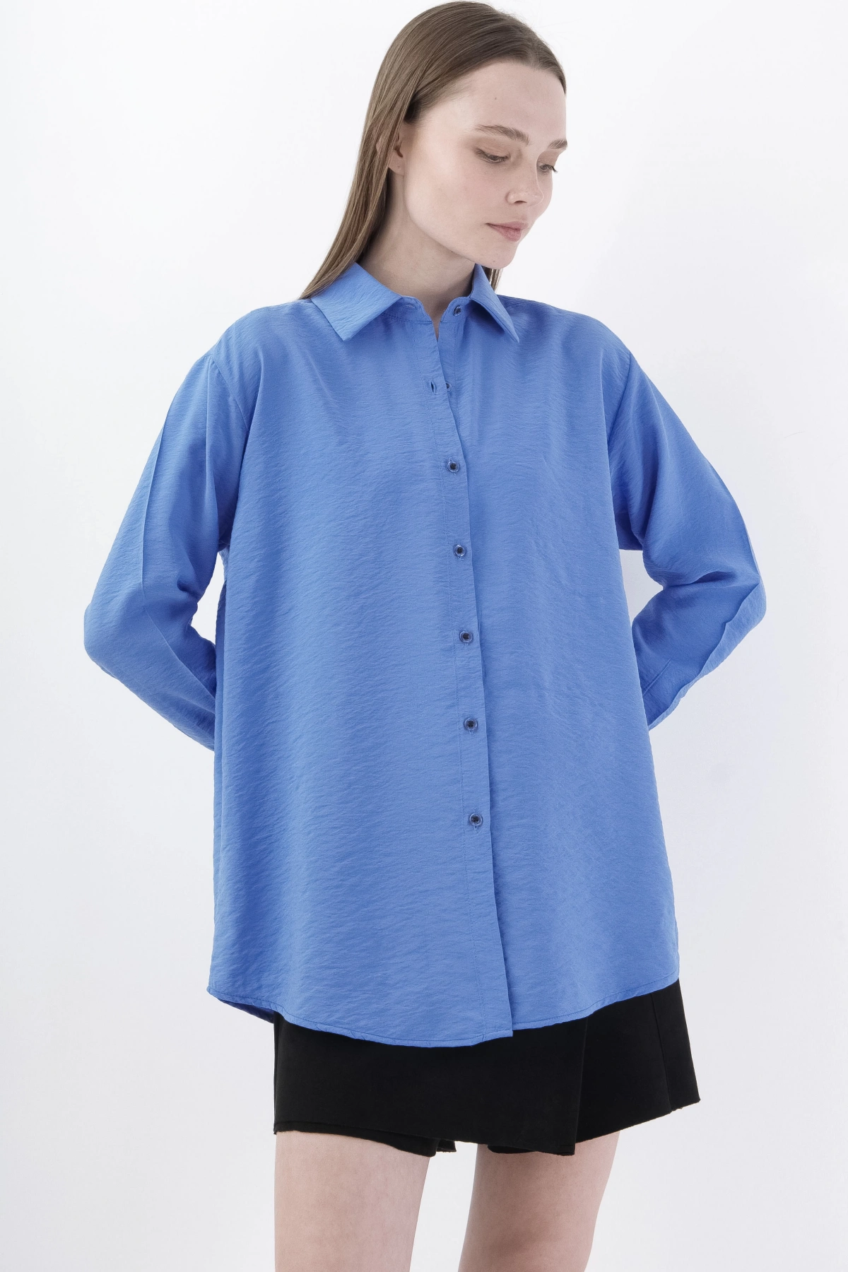 Trendy Mavi Kadın Gömlek Uzun Kollu Viskon Bluz