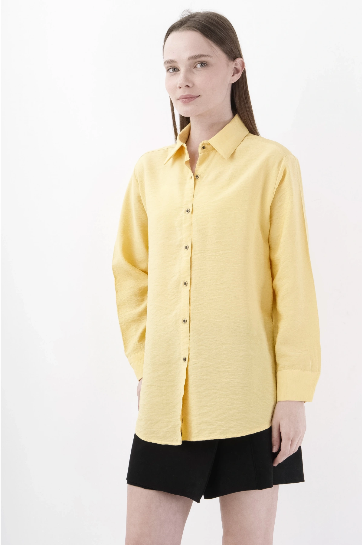 Sarı Kadın Şık Uzun Kollu Viskon Gömlek