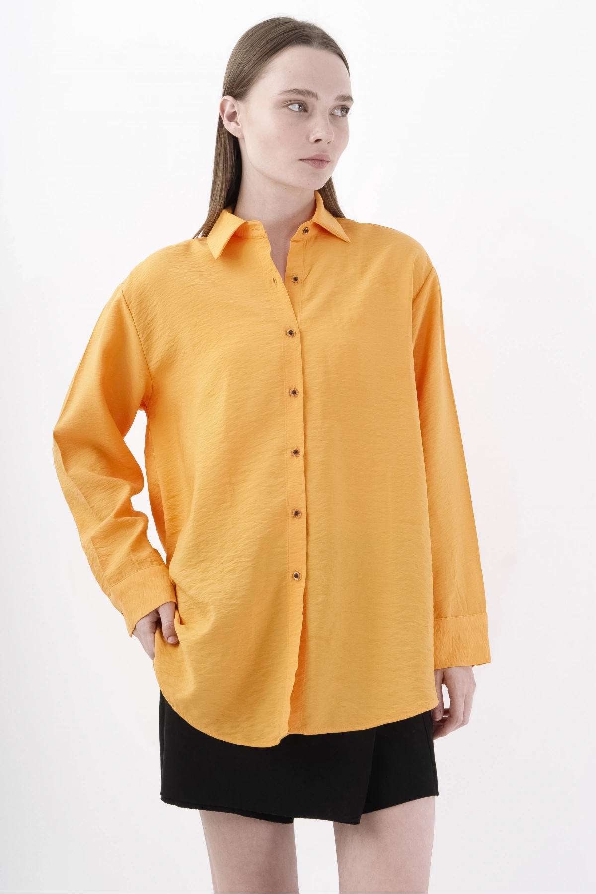 Turuncu Kadın Şık Gömlek Viskon Kumaş