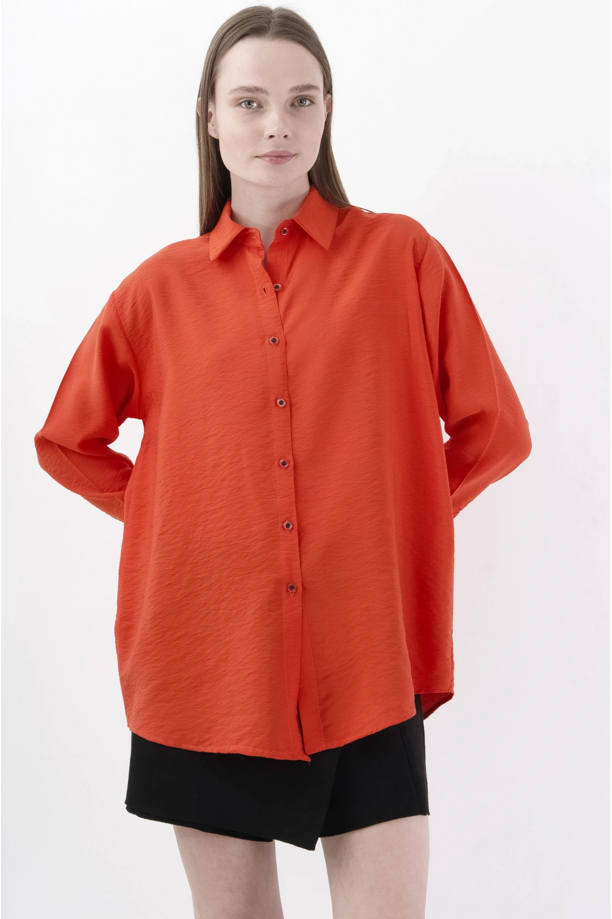 Kırmızı Şık Uzun Kollu Viskon Kadın Gömlek