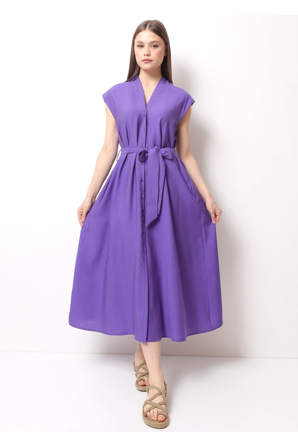 Şık Yazlık Bel Bağcıklı Mor Kadın Midi Elbise