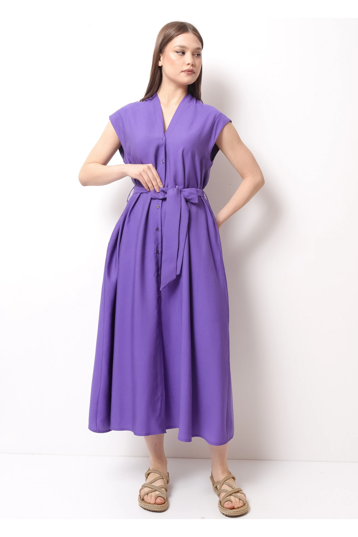Şık Yazlık Bel Bağcıklı Mor Kadın Midi Elbise