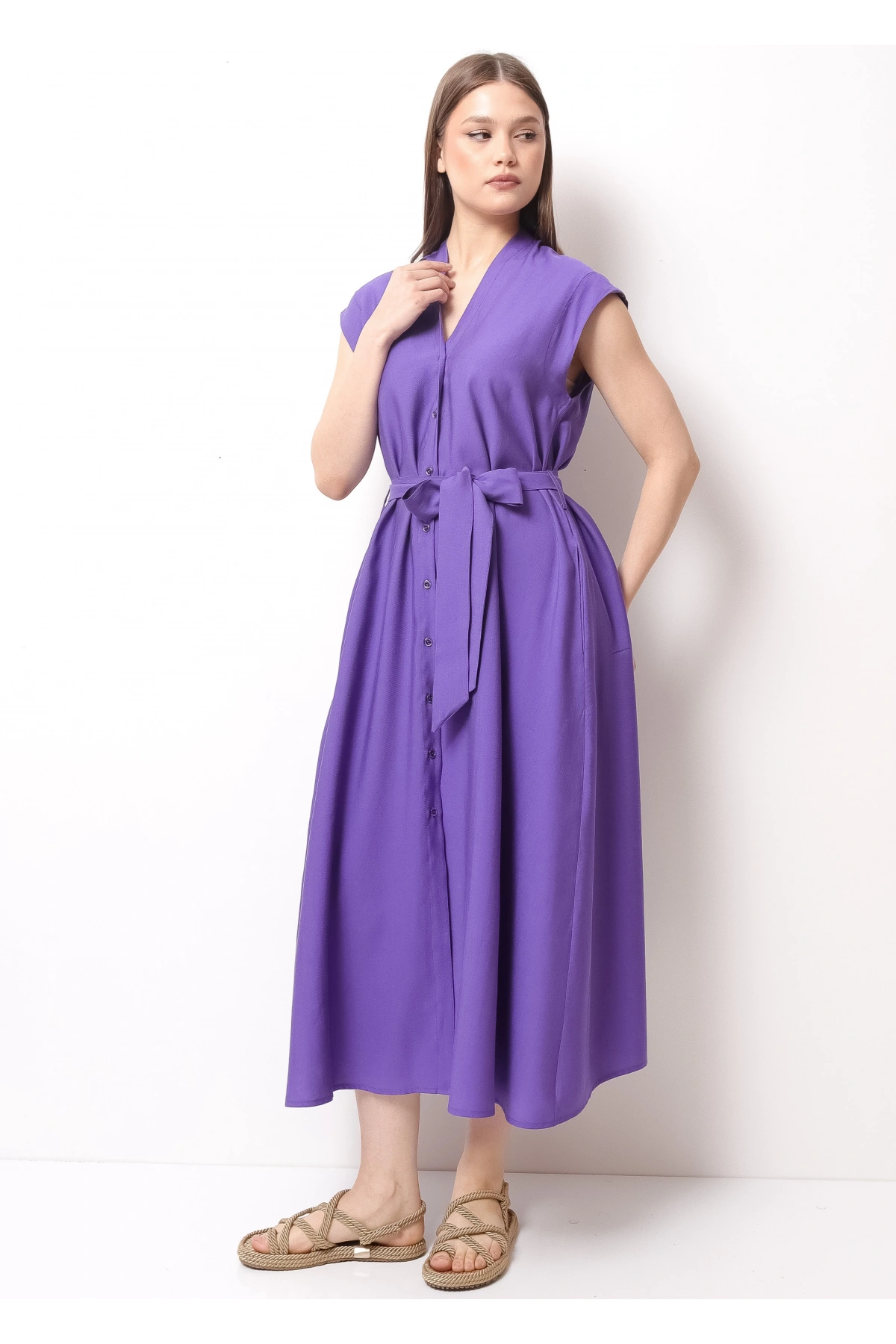 Şık Yazlık Bel Bağcıklı Mor Kadın Midi Elbise