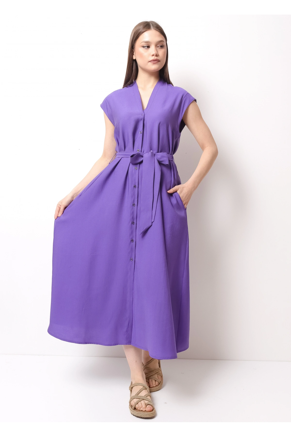 Şık Yazlık Bel Bağcıklı Mor Kadın Midi Elbise