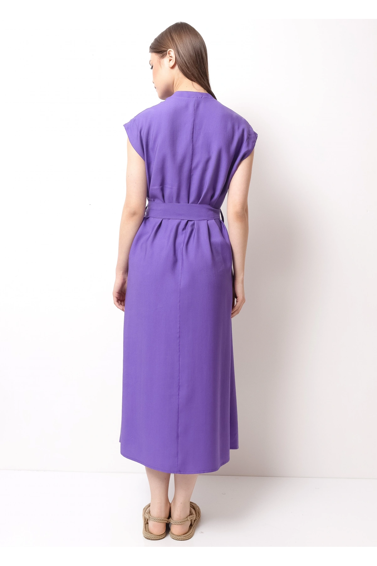 Şık Yazlık Bel Bağcıklı Mor Kadın Midi Elbise