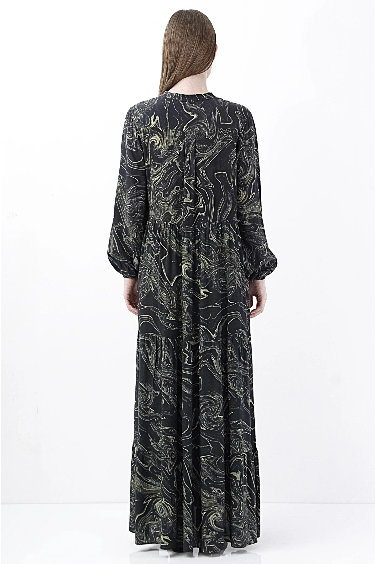 Şık Siyah Desenli Uzun Maxi Viskon Kadın Elbise