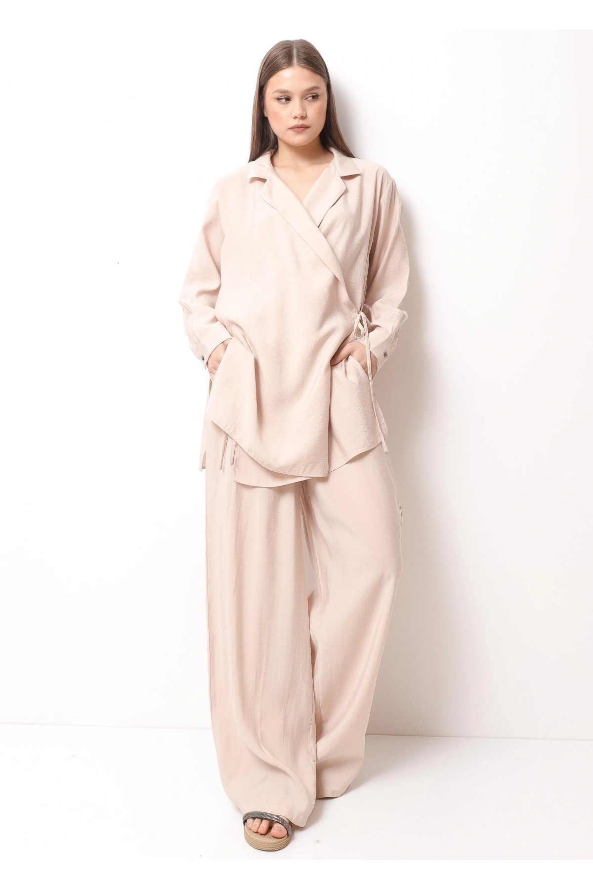 Krem Rengi Kadın Kimono Takım