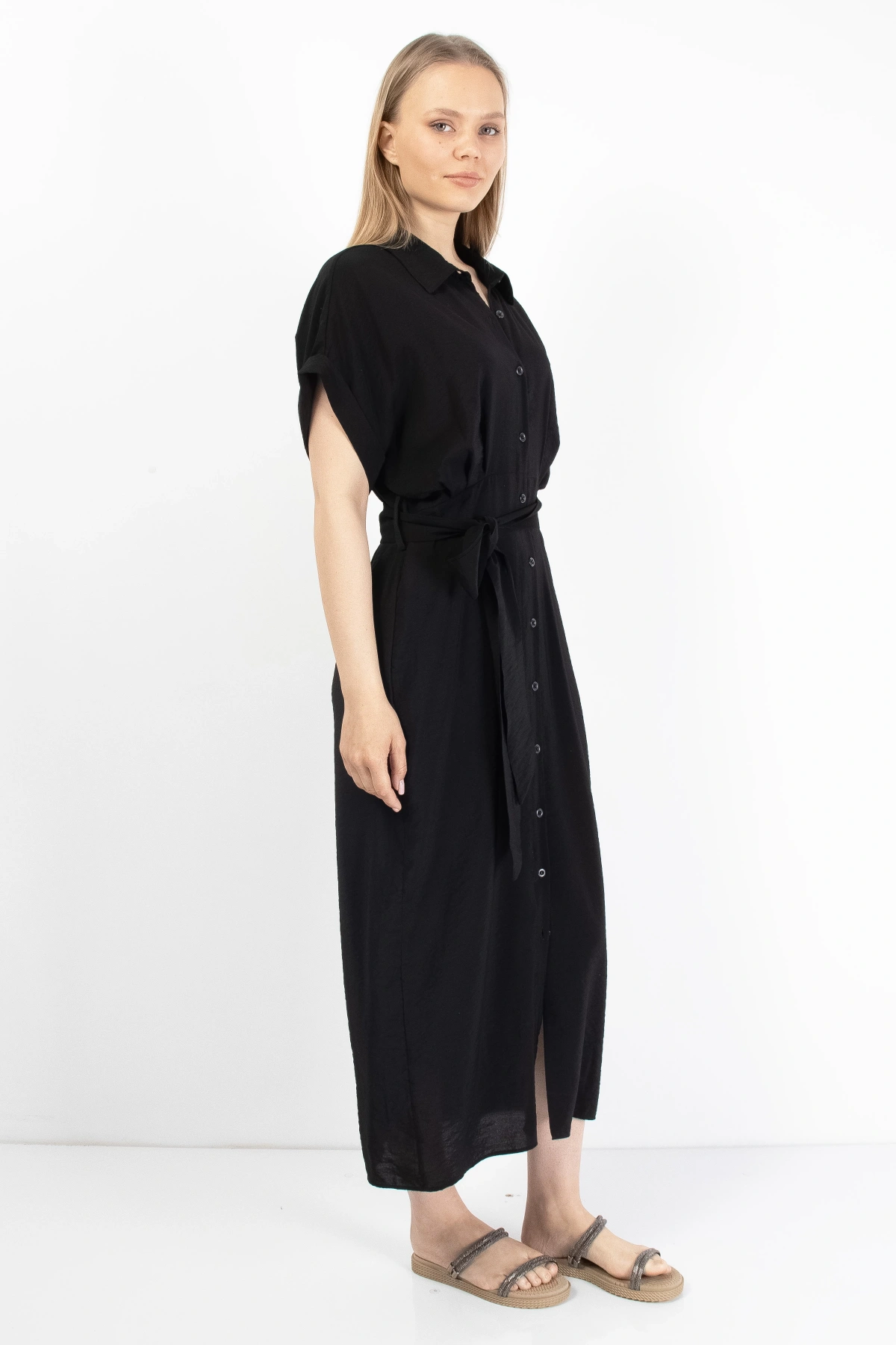 Siyah Kadın Midi Gömlek Elbise