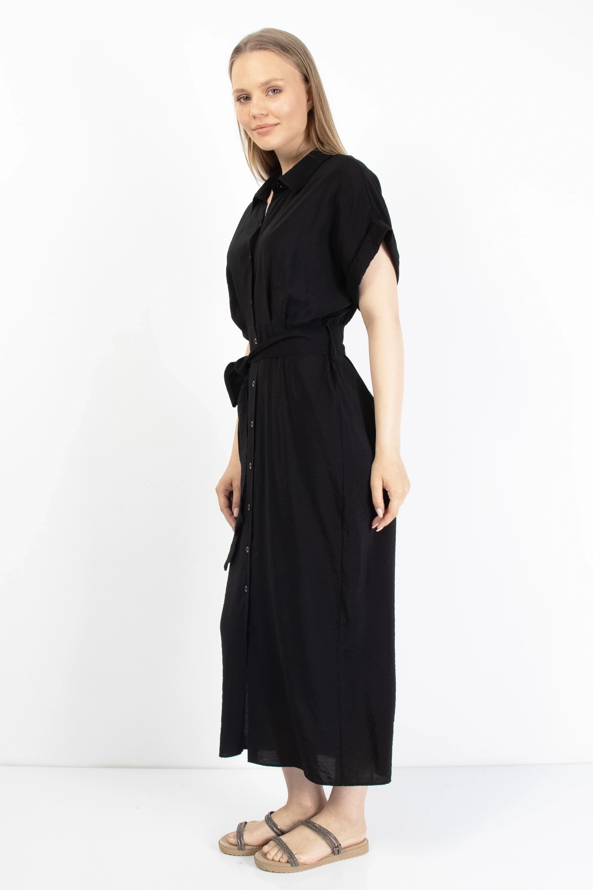 Siyah Kadın Midi Gömlek Elbise