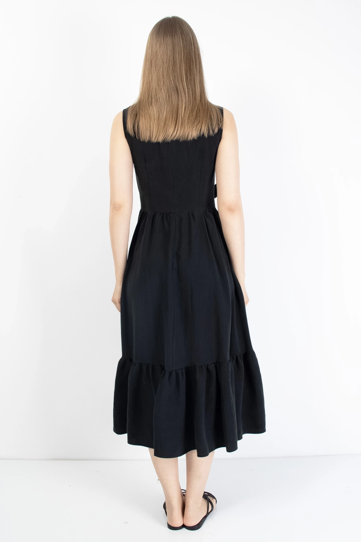 Siyah Kemerli Kruvaze Kadın Midi Elbise