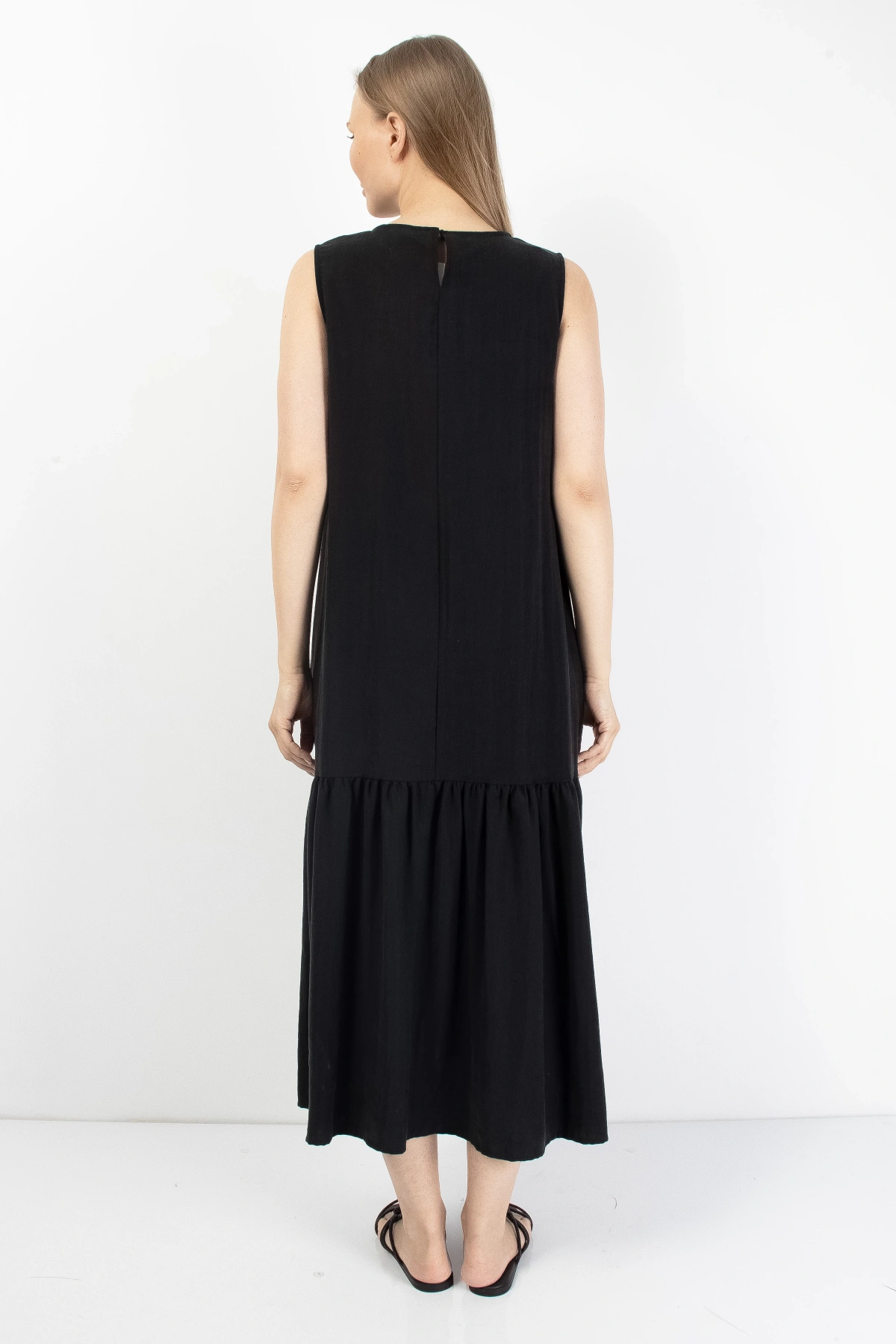 Siyah Volanlı Kadın Midi Elbise