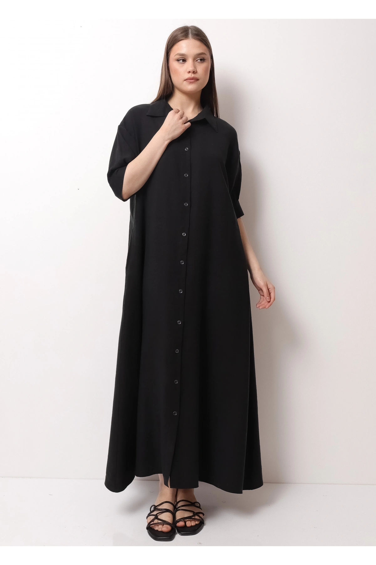 Siyah Yarım Kol Kadın Midi Elbise