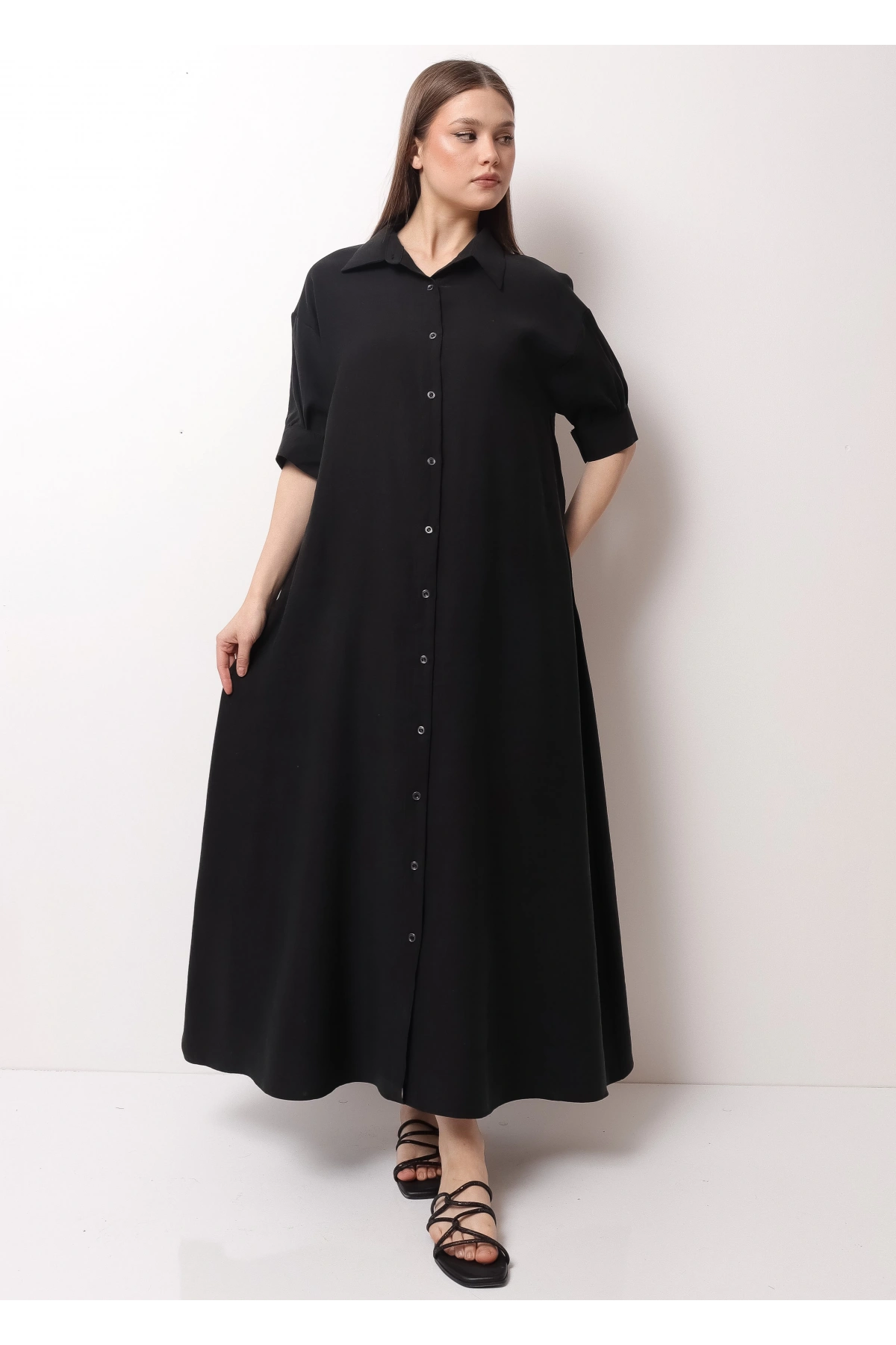 Siyah Yarım Kol Kadın Midi Elbise