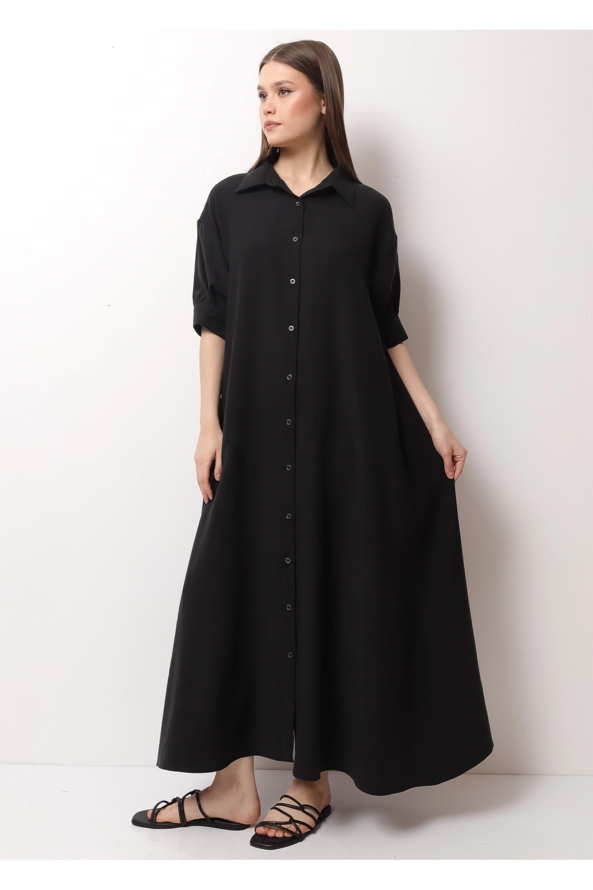 Siyah Yarım Kol Kadın Midi Elbise