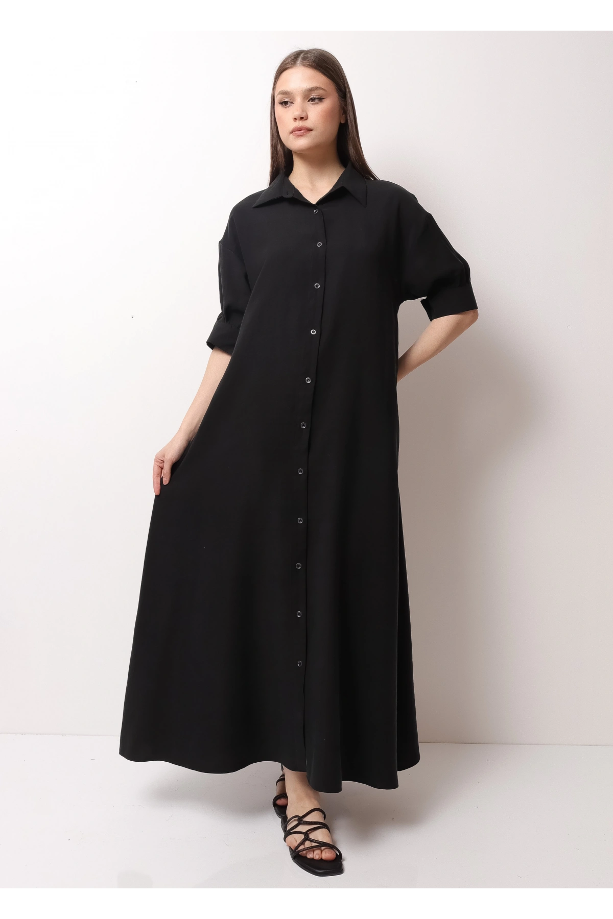 Siyah Yarım Kol Kadın Midi Elbise