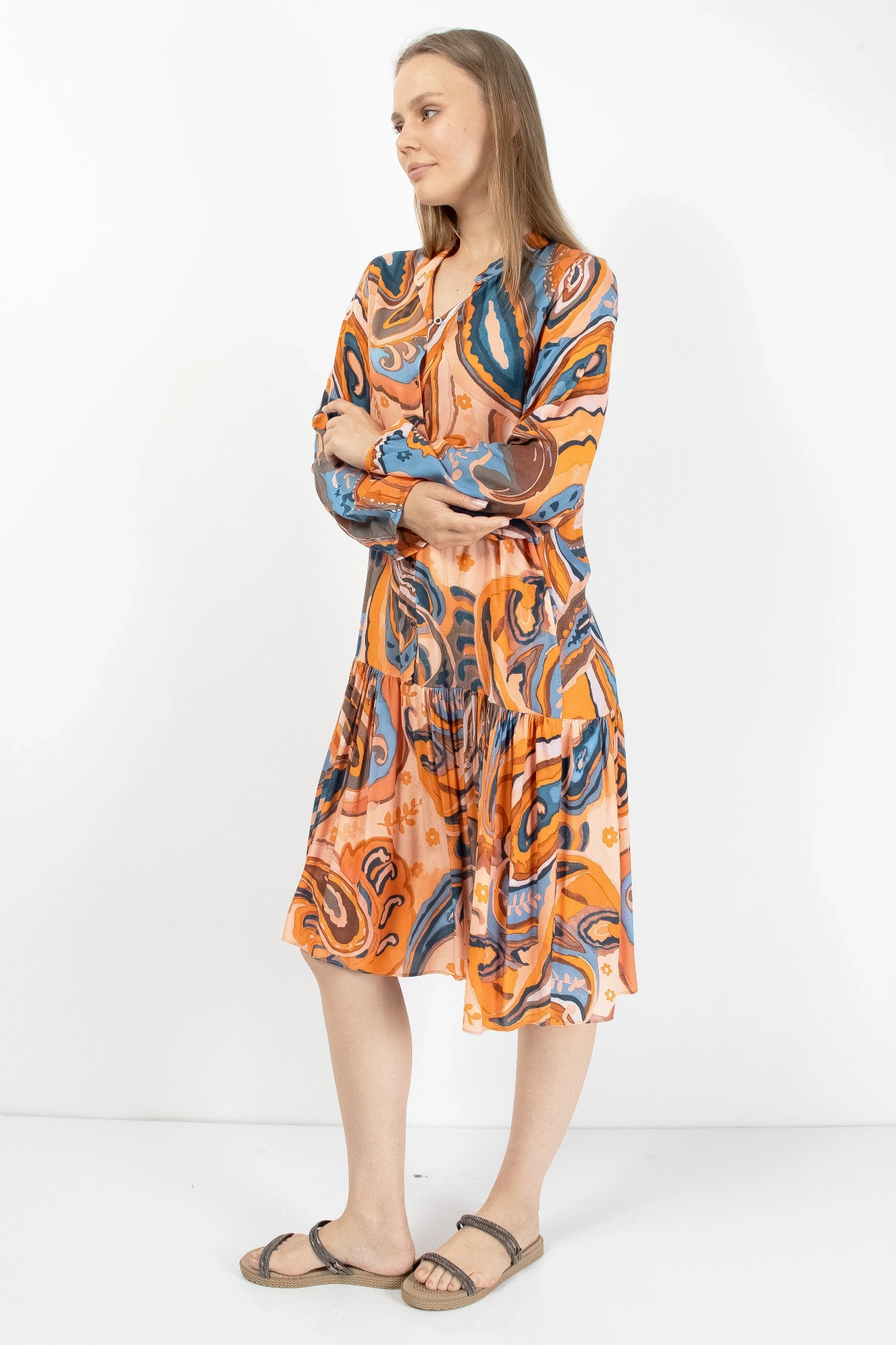 Turuncu Mavi Patchwork Düğmeli Kadın Midi Elbise