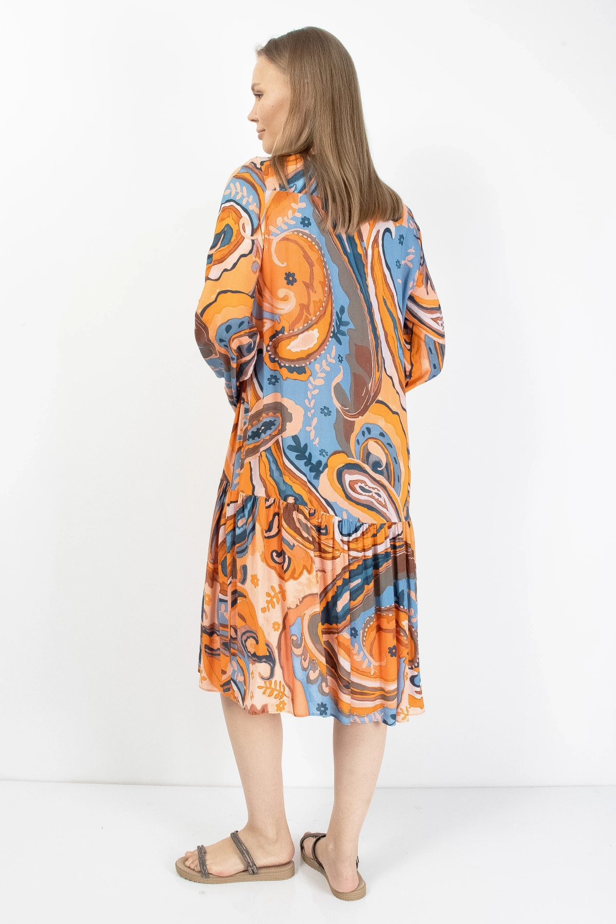 Turuncu Mavi Patchwork Düğmeli Kadın Midi Elbise