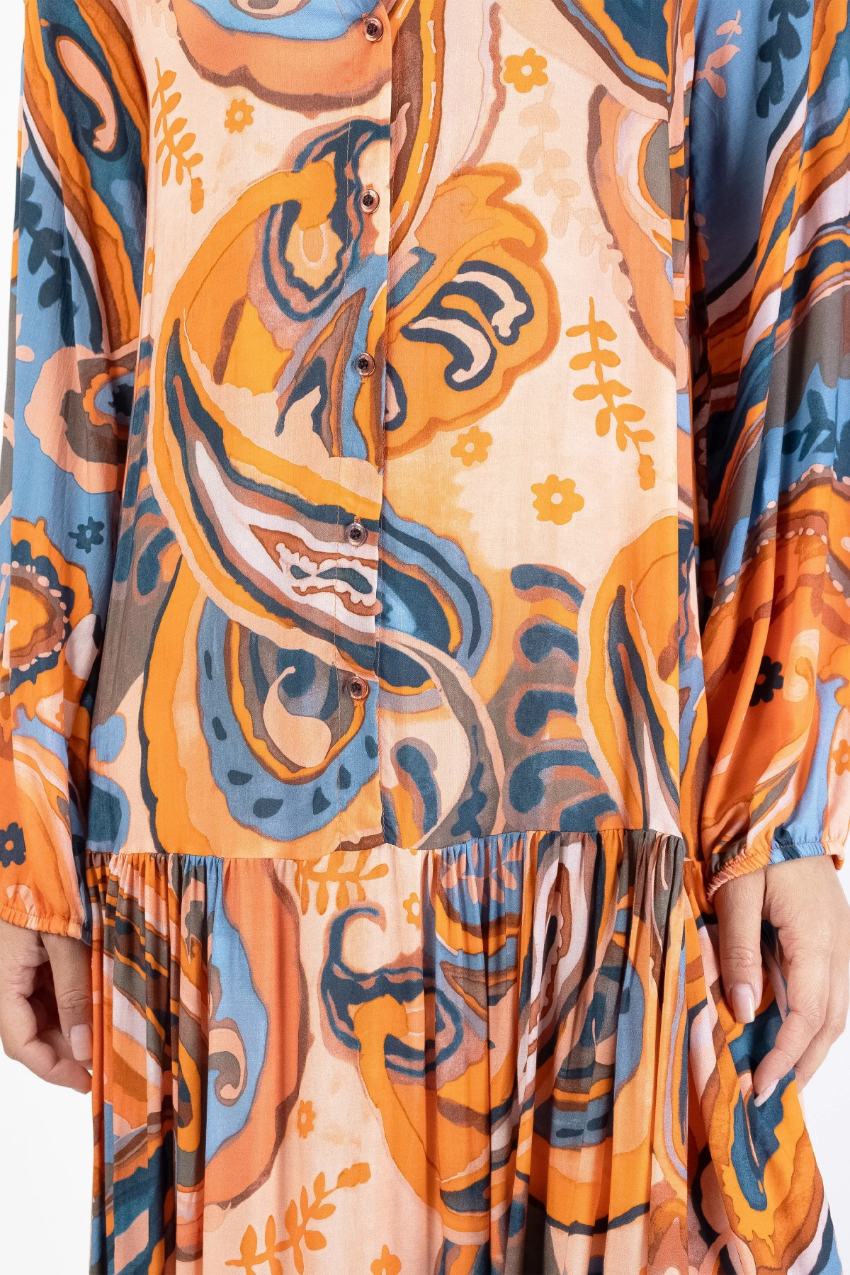 Turuncu Mavi Patchwork Düğmeli Kadın Midi Elbise