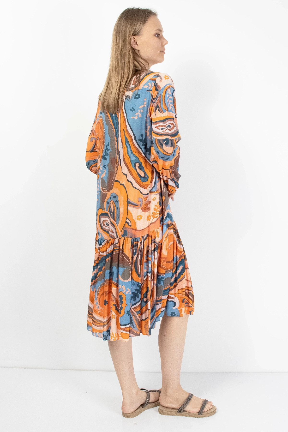 Turuncu Mavi Patchwork Düğmeli Kadın Midi Elbise