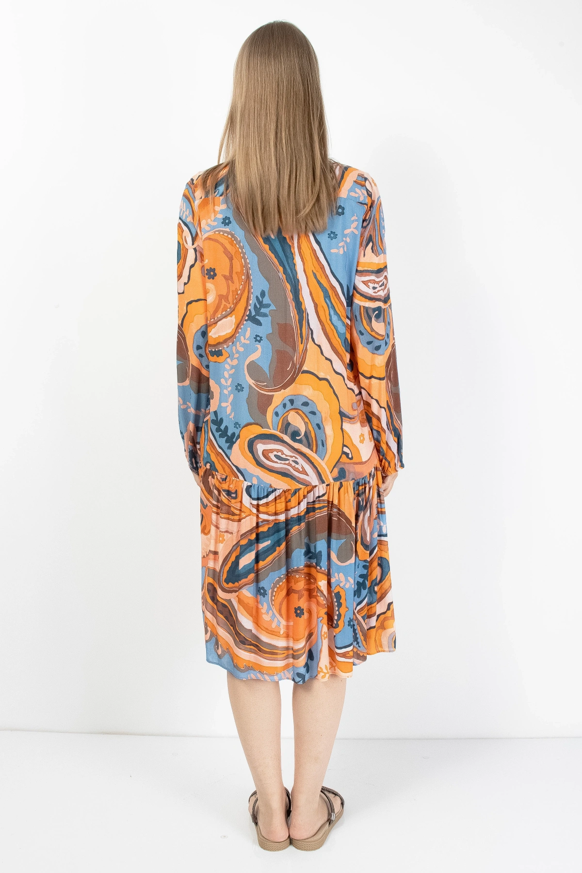 Turuncu Mavi Patchwork Düğmeli Kadın Midi Elbise