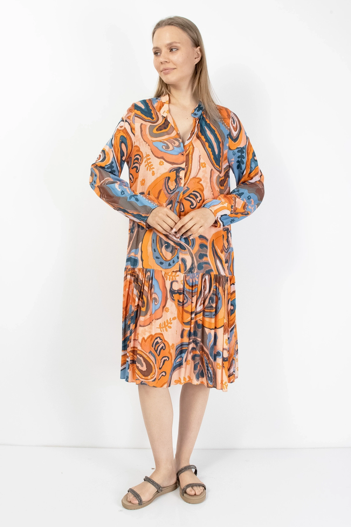 Turuncu Mavi Patchwork Düğmeli Kadın Midi Elbise