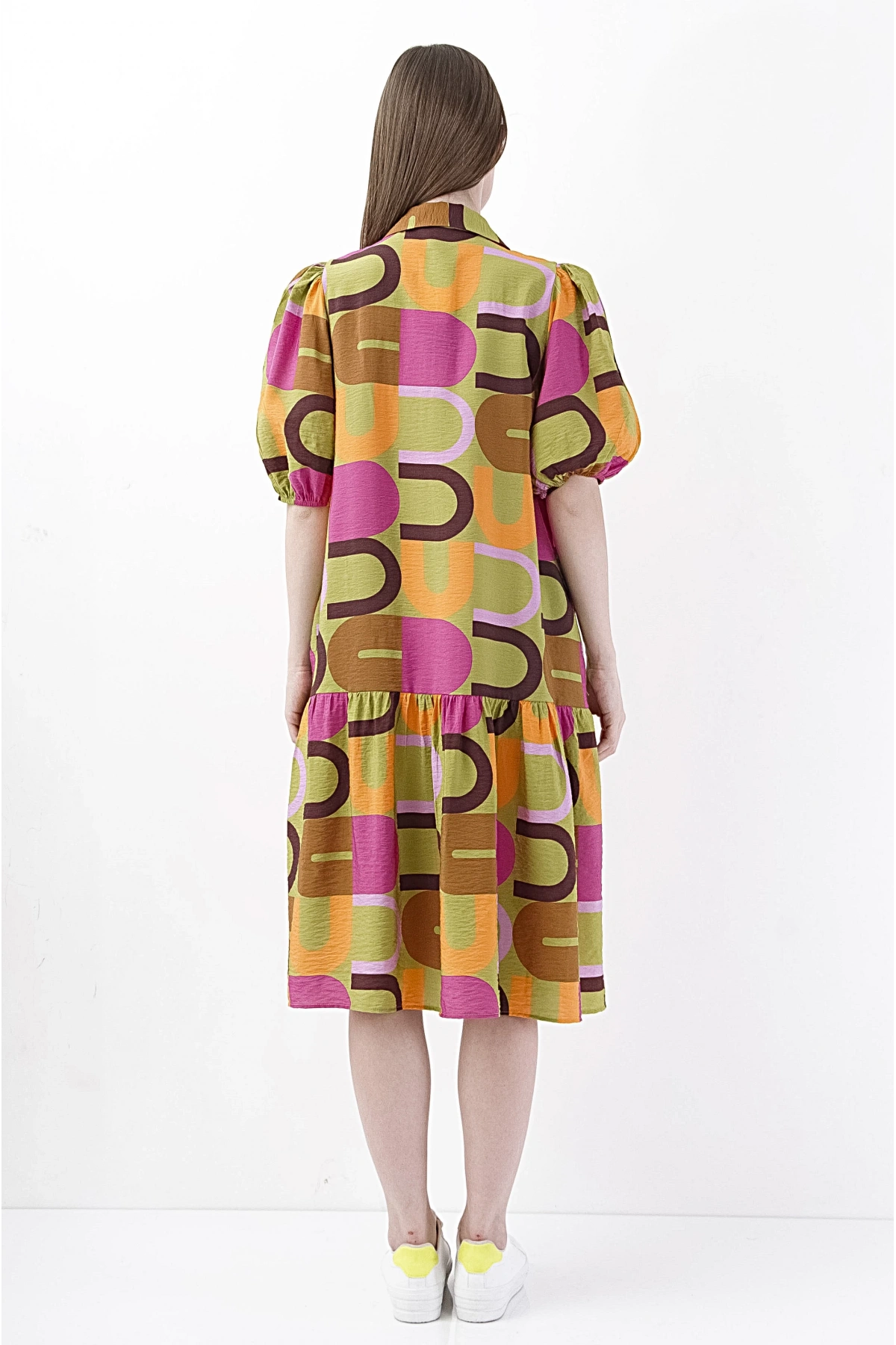 Renkli Desenli Şifon Midi Kadın Elbise