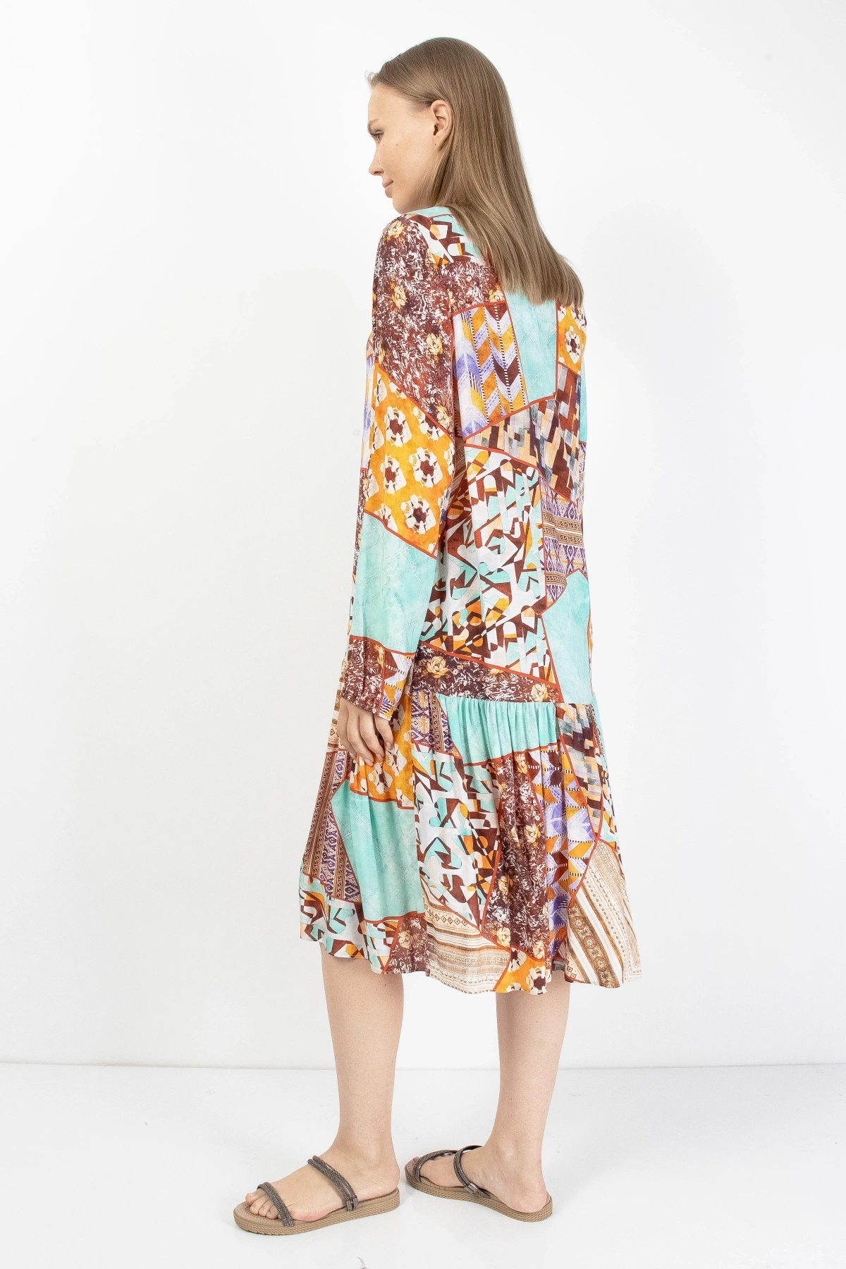 Turuncu Turkuaz Patchwork Düğmeli Kadın Midi Elbise