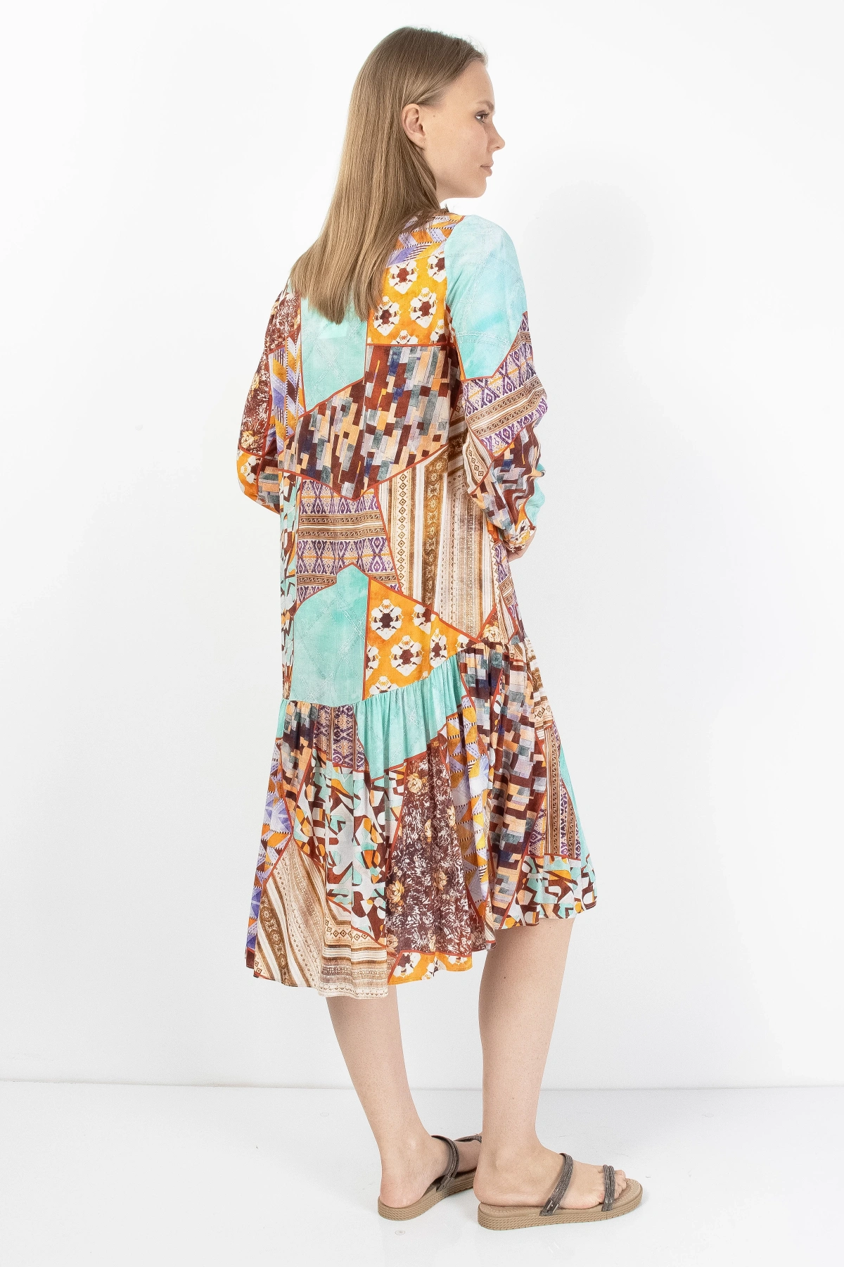 Turuncu Turkuaz Patchwork Düğmeli Kadın Midi Elbise