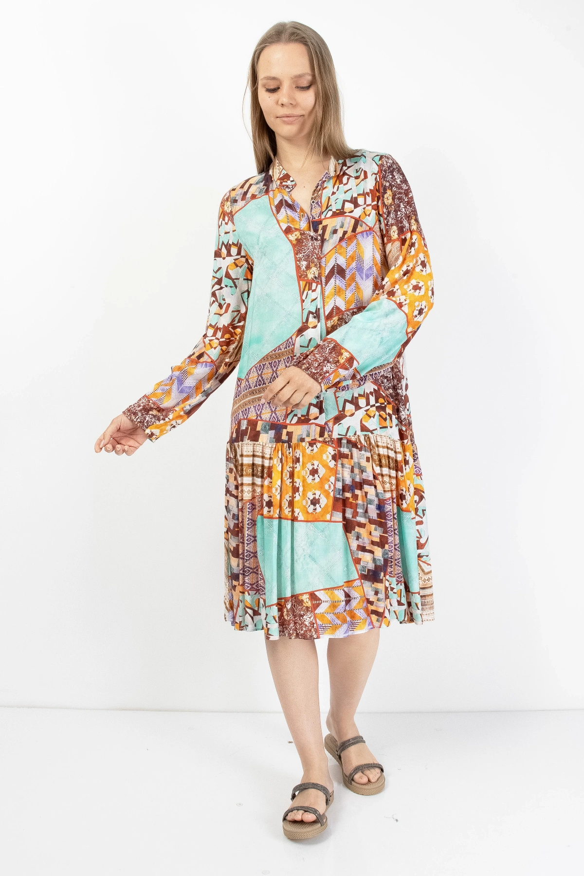 Turuncu Turkuaz Patchwork Düğmeli Kadın Midi Elbise