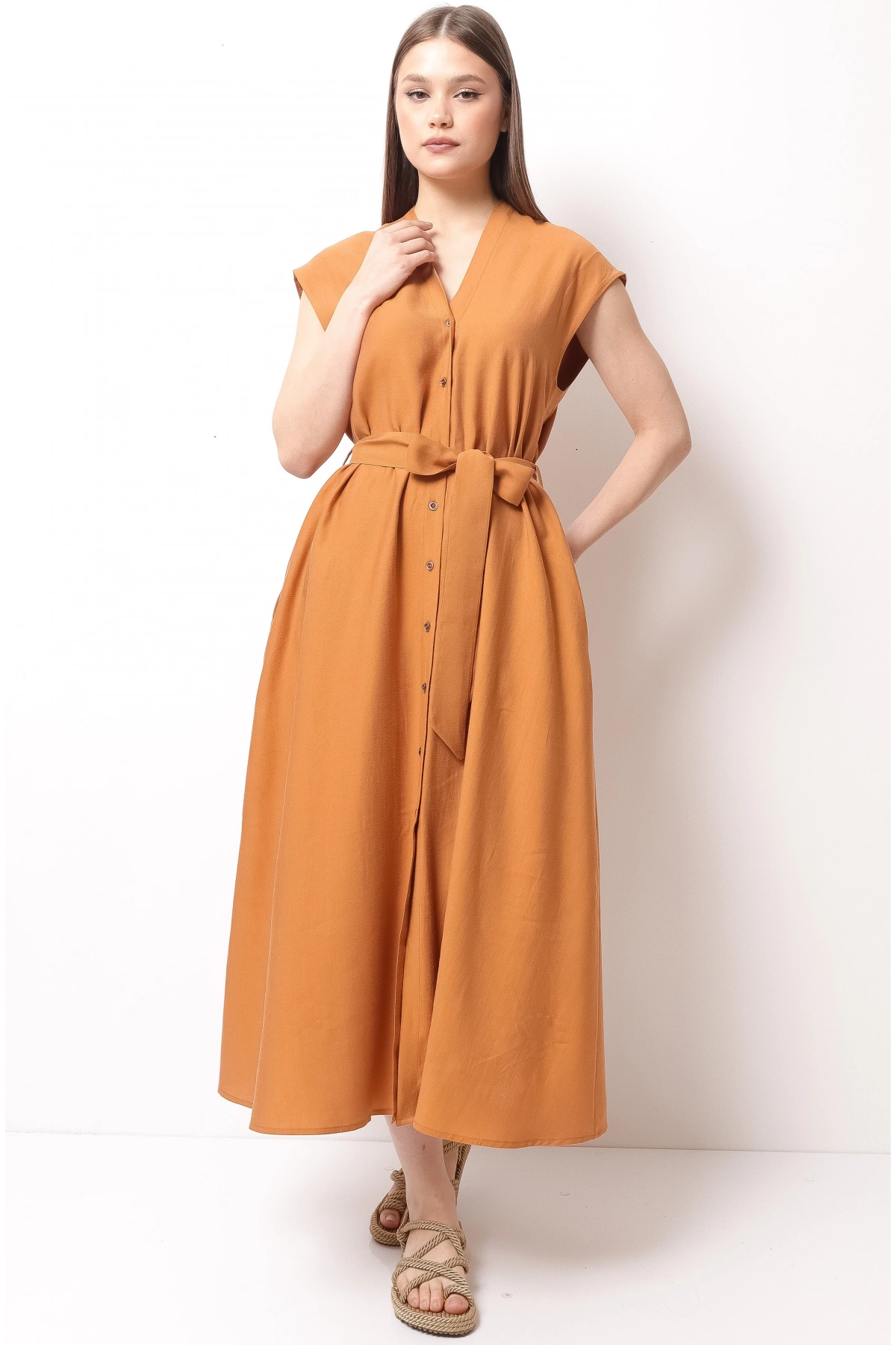 Tarçın Renkli Düğmeli Kemerli Şık Kadın Midi Elbise