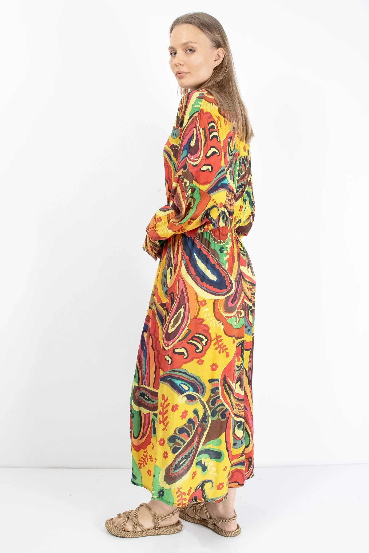 Renkli Desenli Uzun Şifon Elbise Kadın Yazlık Model