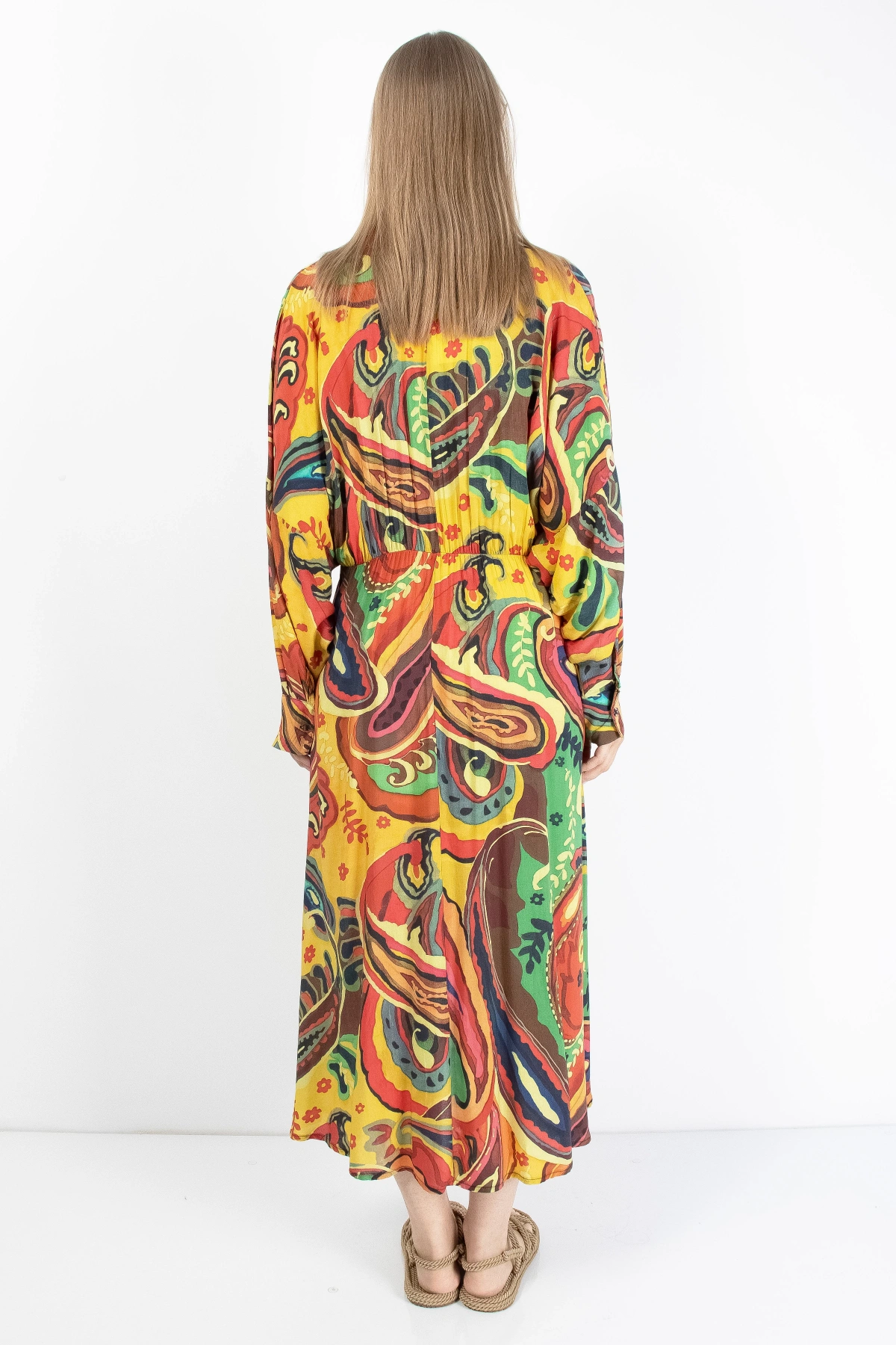 Renkli Desenli Uzun Şifon Elbise Kadın Yazlık Model