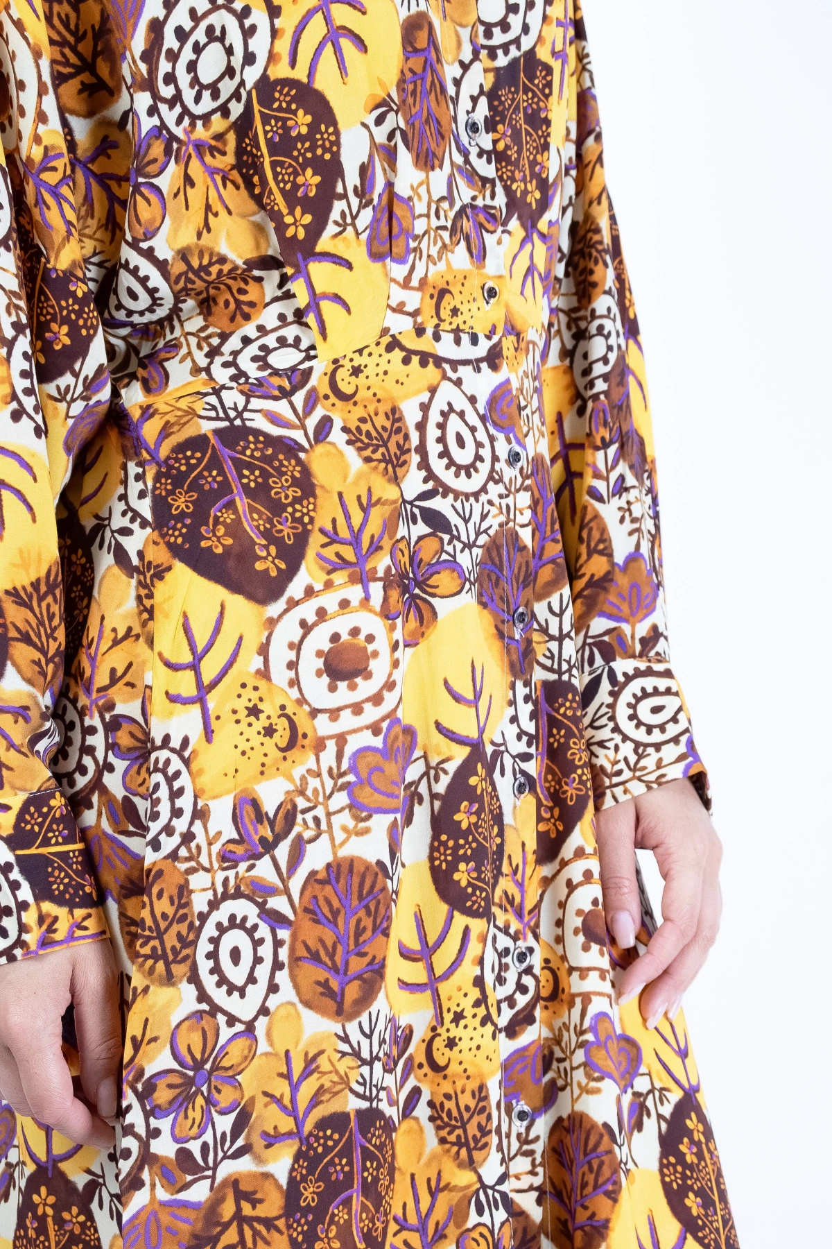 Vintage Sarı Çiçek Desenli Midi Elbise