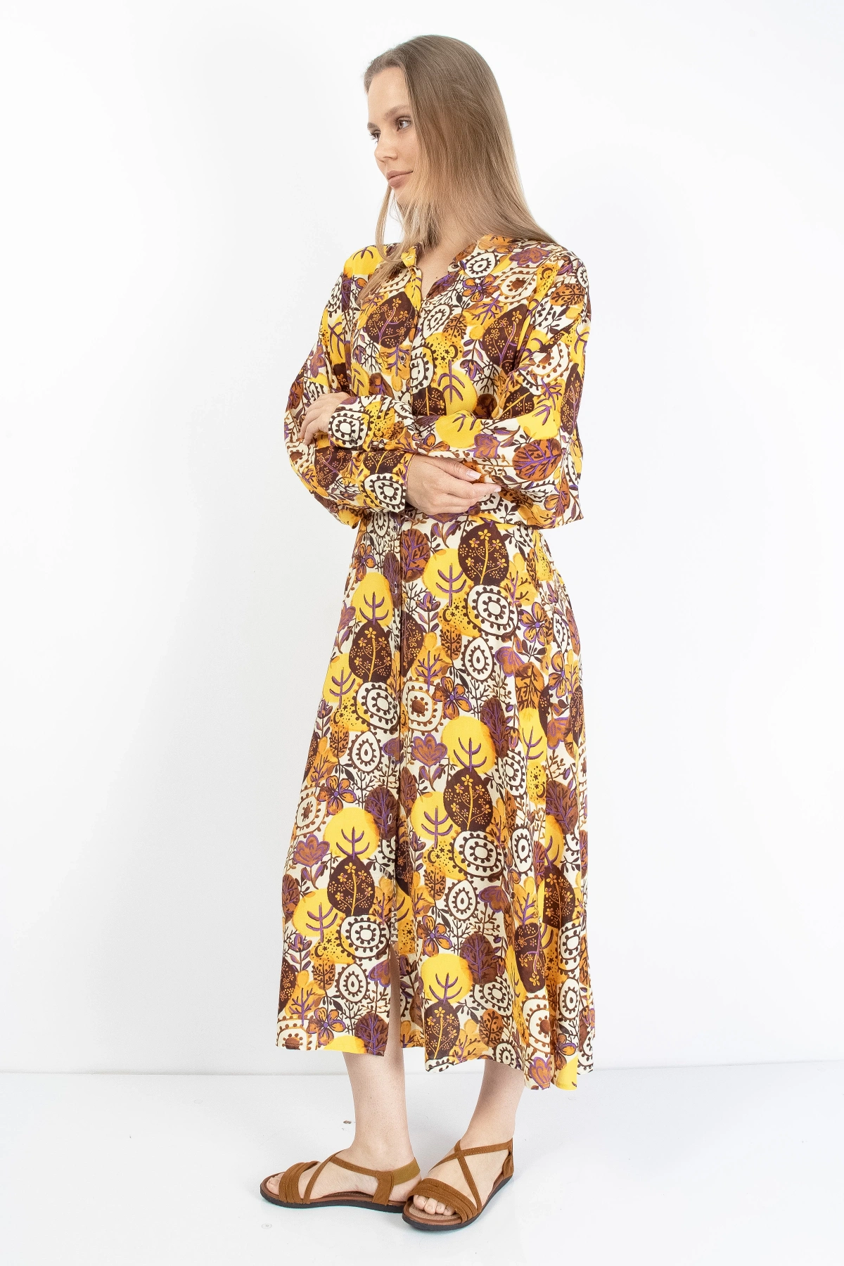 Vintage Sarı Çiçek Desenli Midi Elbise