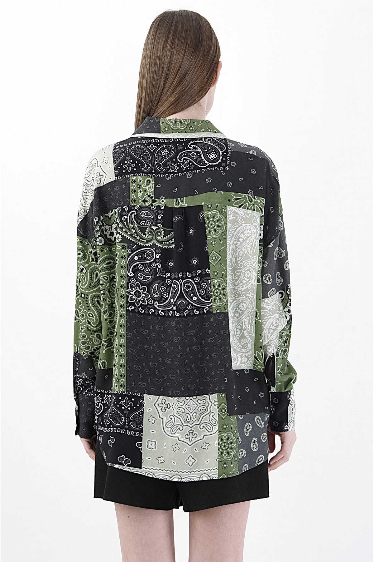 Şık Kadın Viskon Gömlek Desenli Uzun Kollu