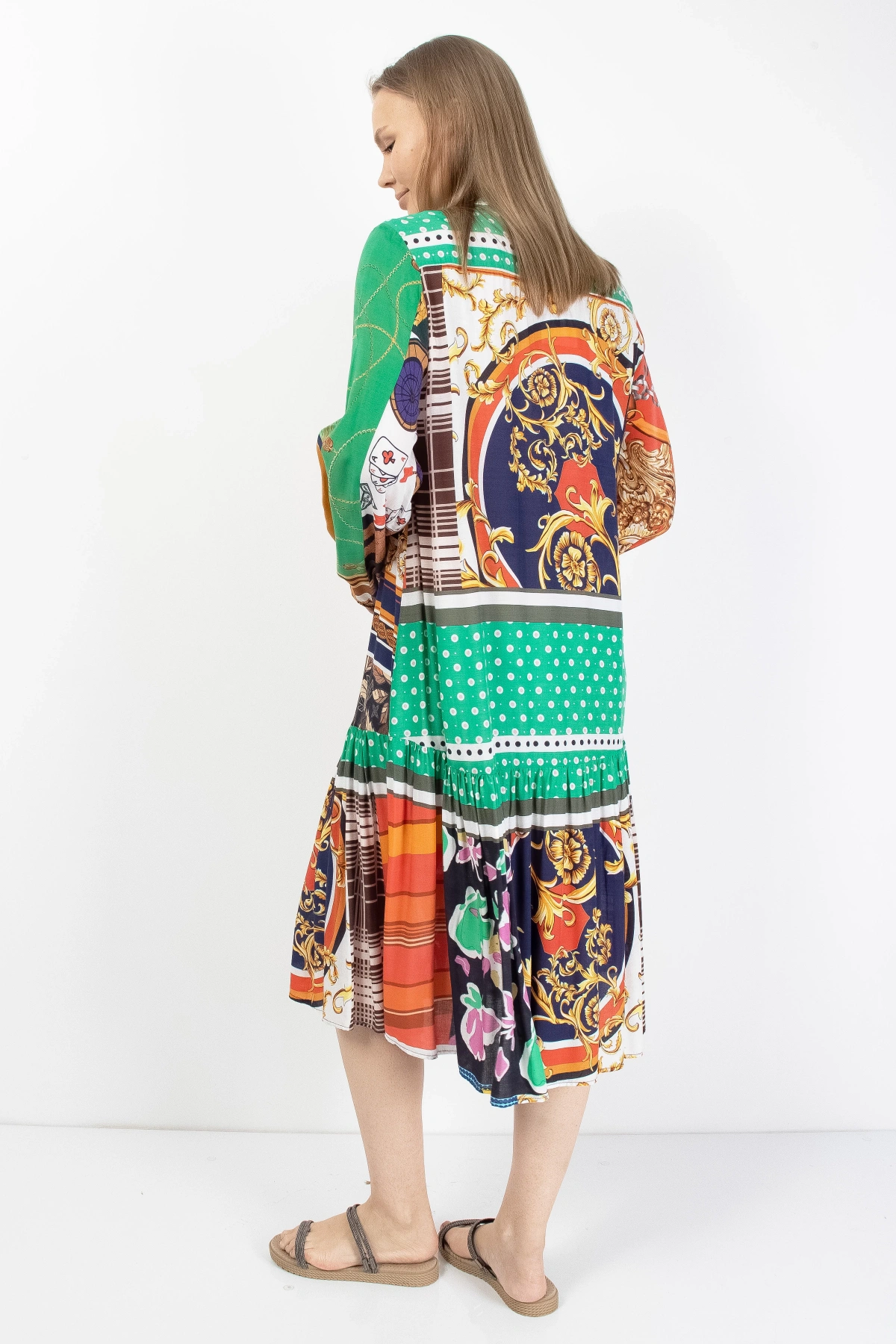 Yeşil Turuncu Patchwork Düğmeli Kadın Midi Elbise