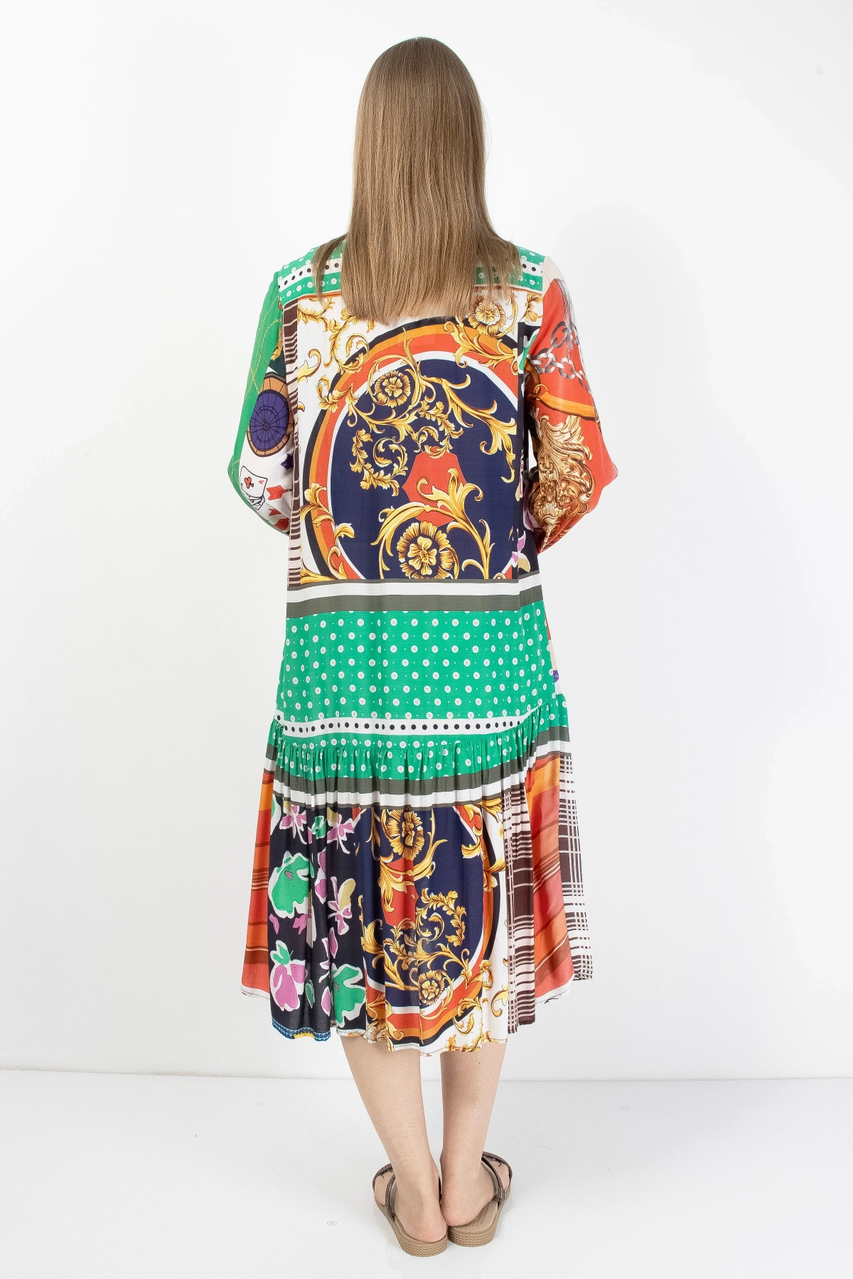 Yeşil Turuncu Patchwork Düğmeli Kadın Midi Elbise