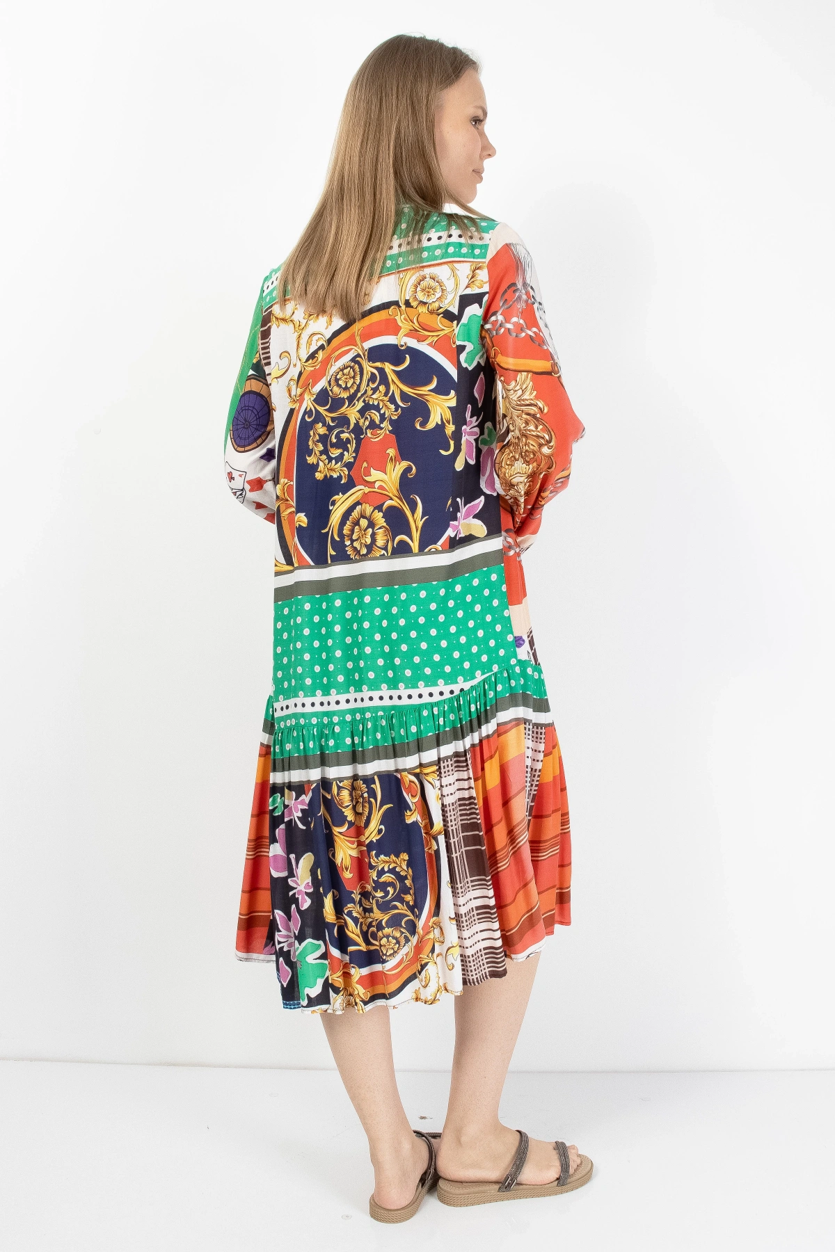 Yeşil Turuncu Patchwork Düğmeli Kadın Midi Elbise