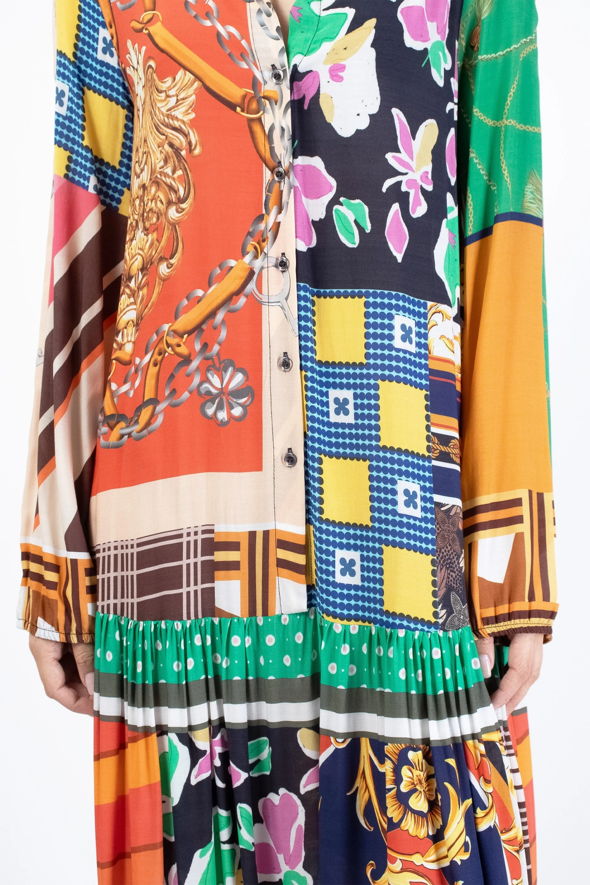 Yeşil Turuncu Patchwork Düğmeli Kadın Midi Elbise