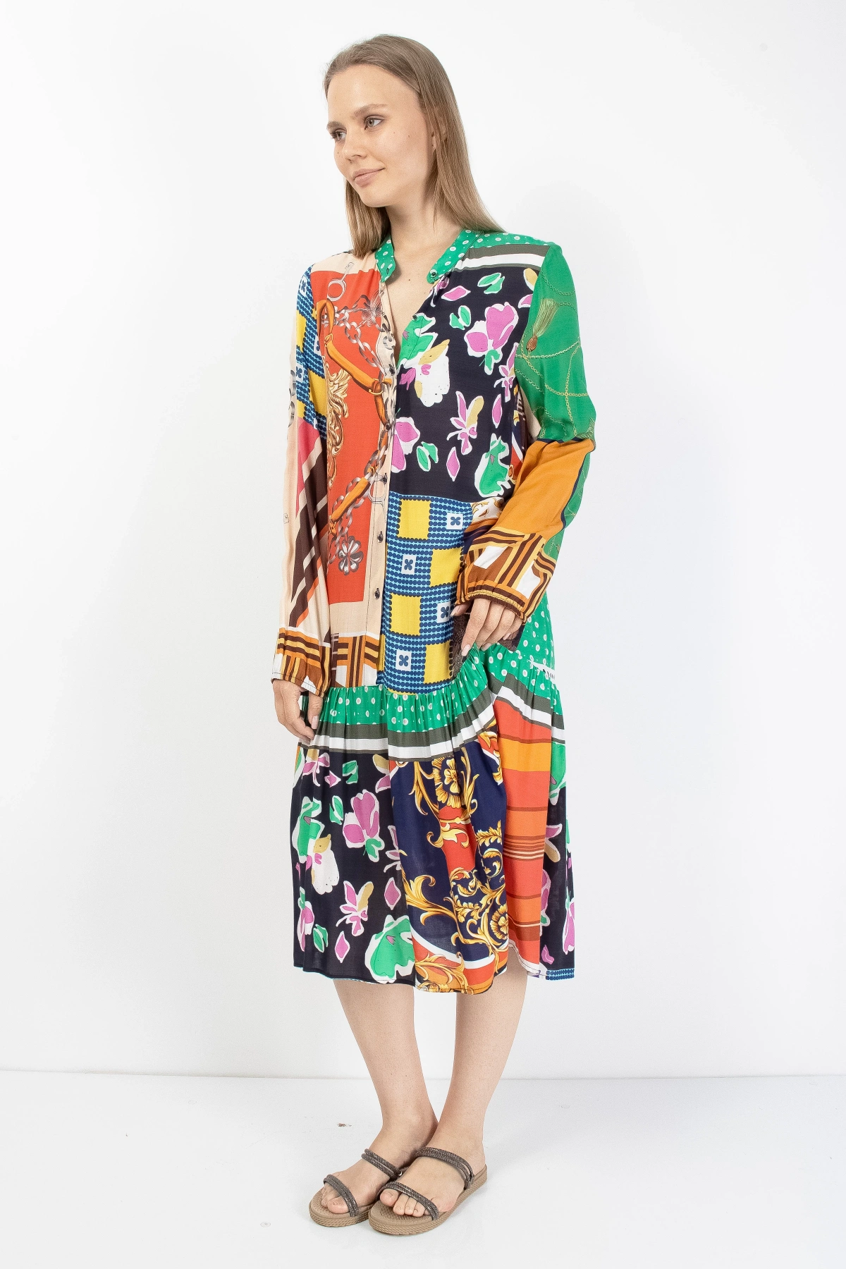 Yeşil Turuncu Patchwork Düğmeli Kadın Midi Elbise