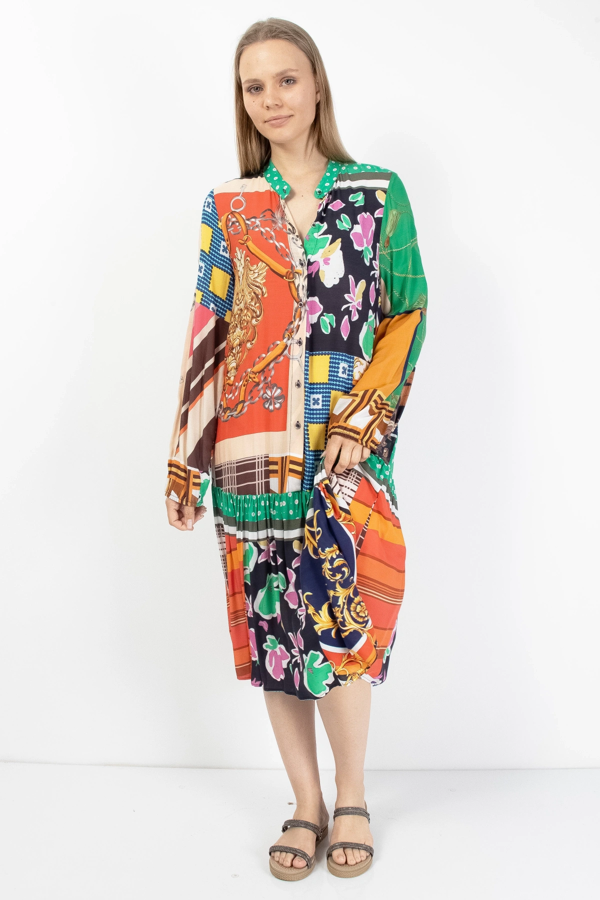 Yeşil Turuncu Patchwork Düğmeli Kadın Midi Elbise