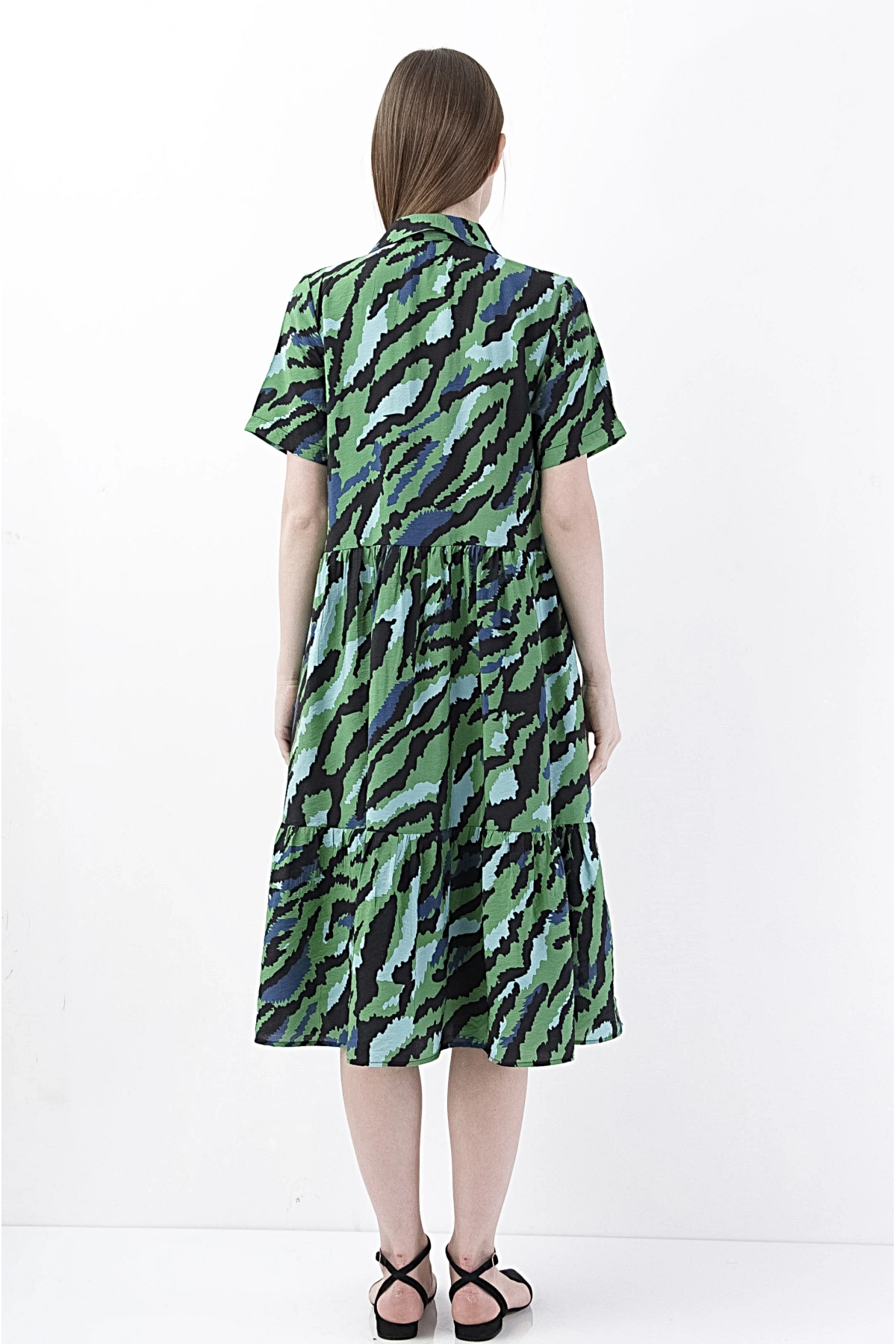 Yeşil Zebra Desenli Şifon Midi Elbise Kadın