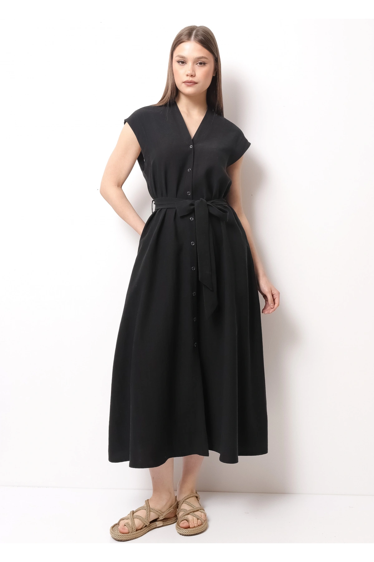 Zarif Bel Bağlı Günlük Siyah Kadın Midi Elbise