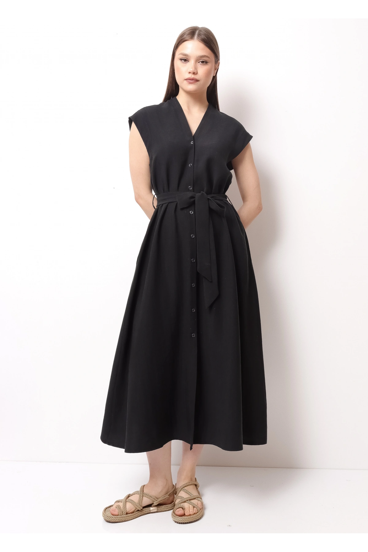 Zarif Bel Bağlı Günlük Siyah Kadın Midi Elbise