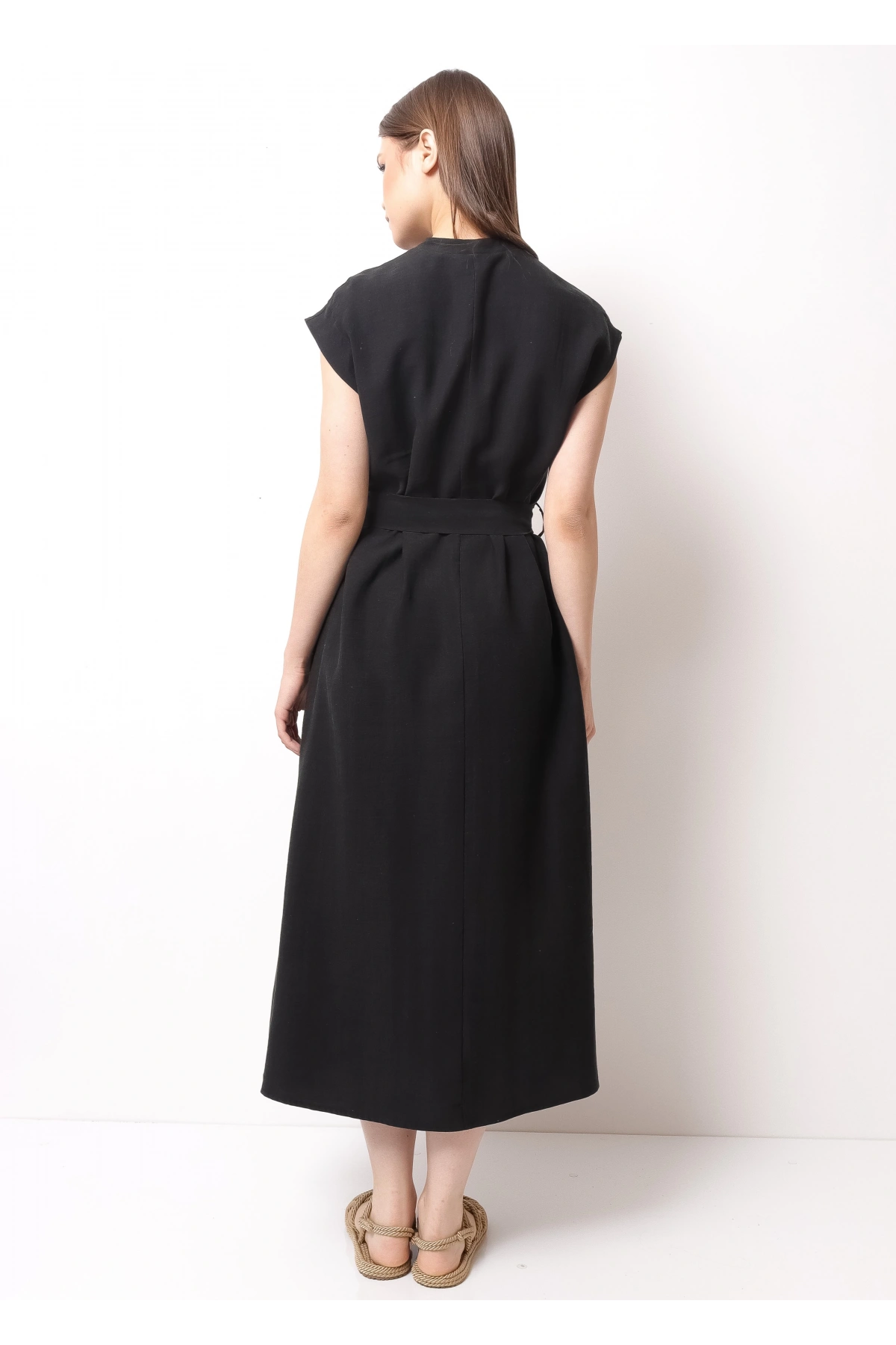 Zarif Bel Bağlı Günlük Siyah Kadın Midi Elbise