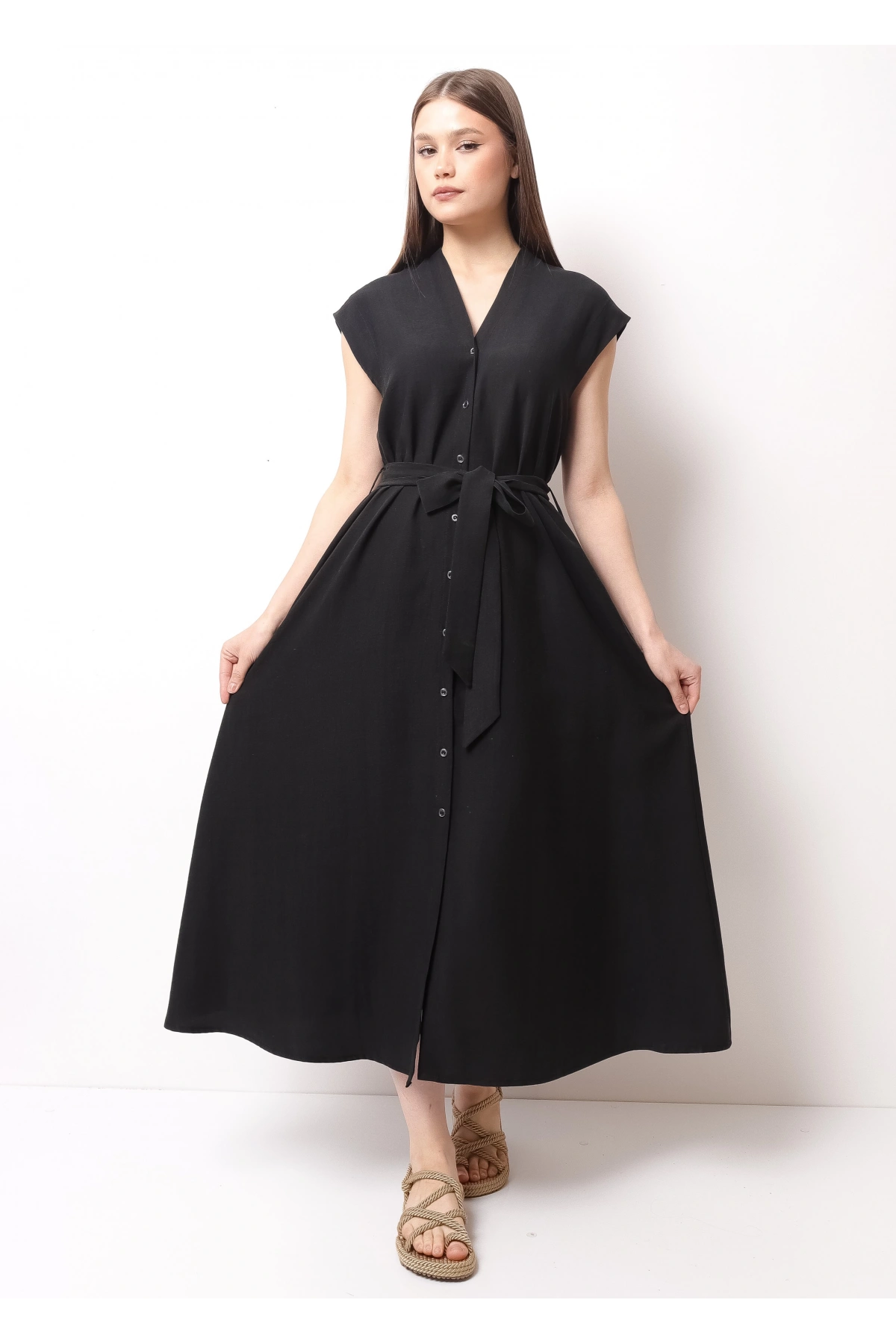 Zarif Bel Bağlı Günlük Siyah Kadın Midi Elbise