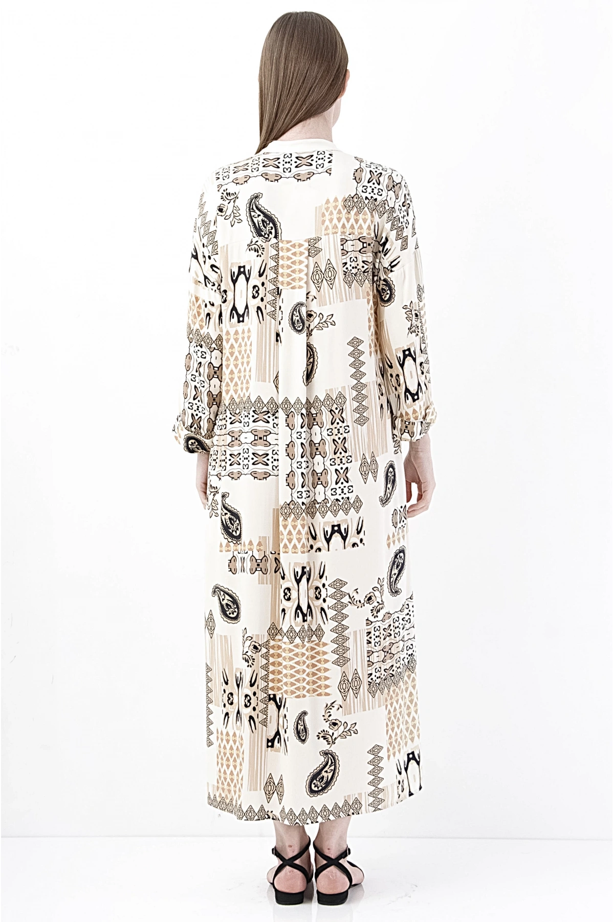 Zarif Bohem Bej Desenli Midi Elbise