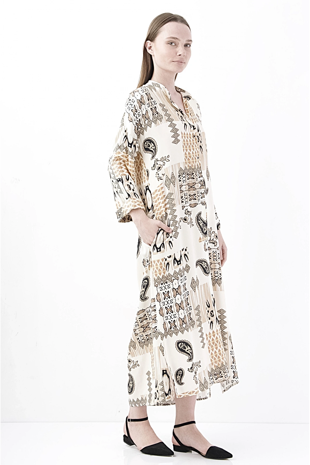 Zarif Bohem Bej Desenli Midi Elbise