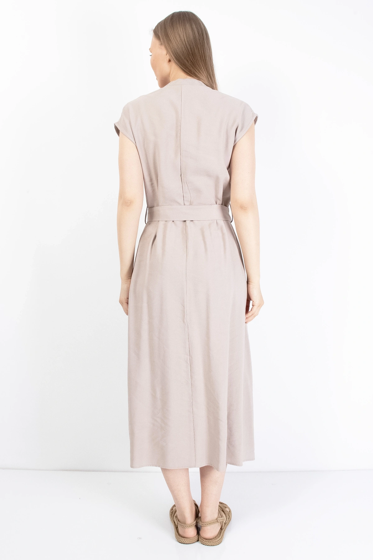 Zarif Düğmeli Kemerli Yazlık Kadın Midi Elbise