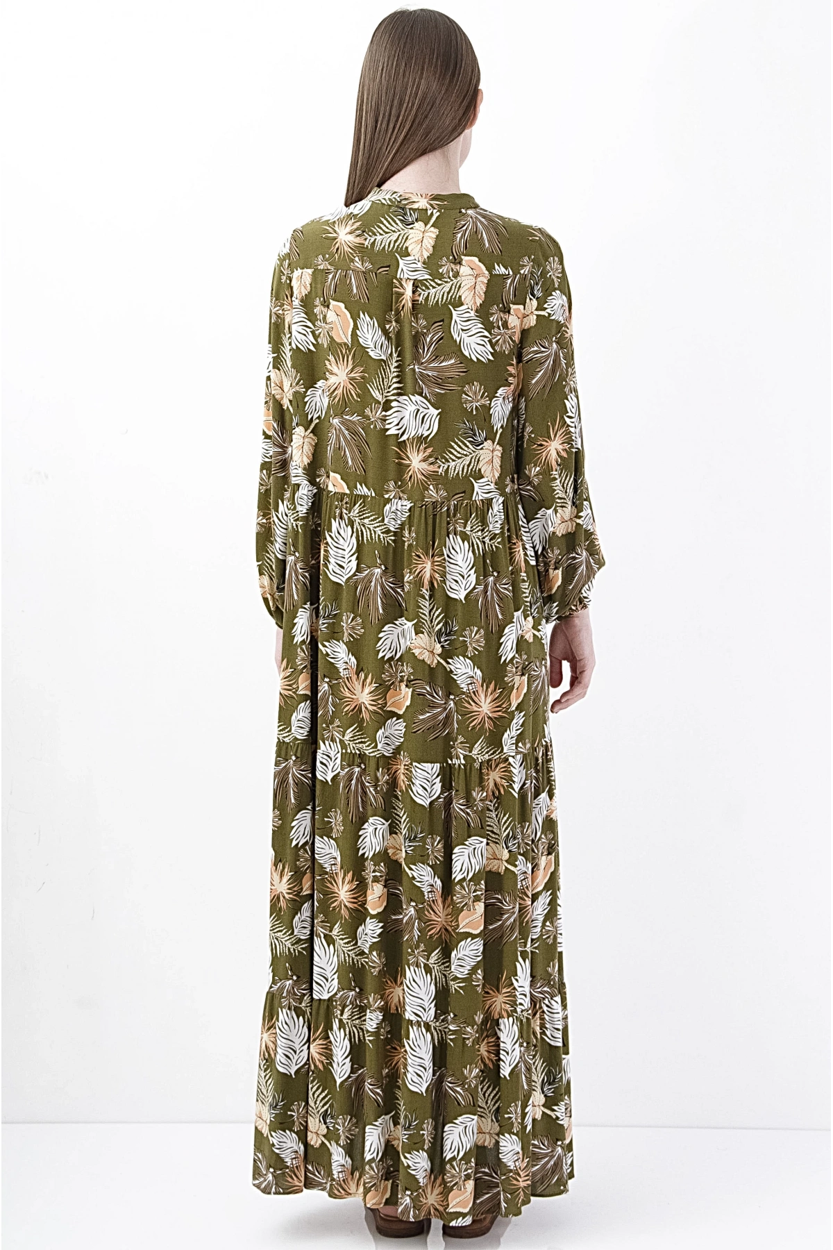 Şık Yeşil Yaprak Desenli Uzun Boho Kadın Elbise
